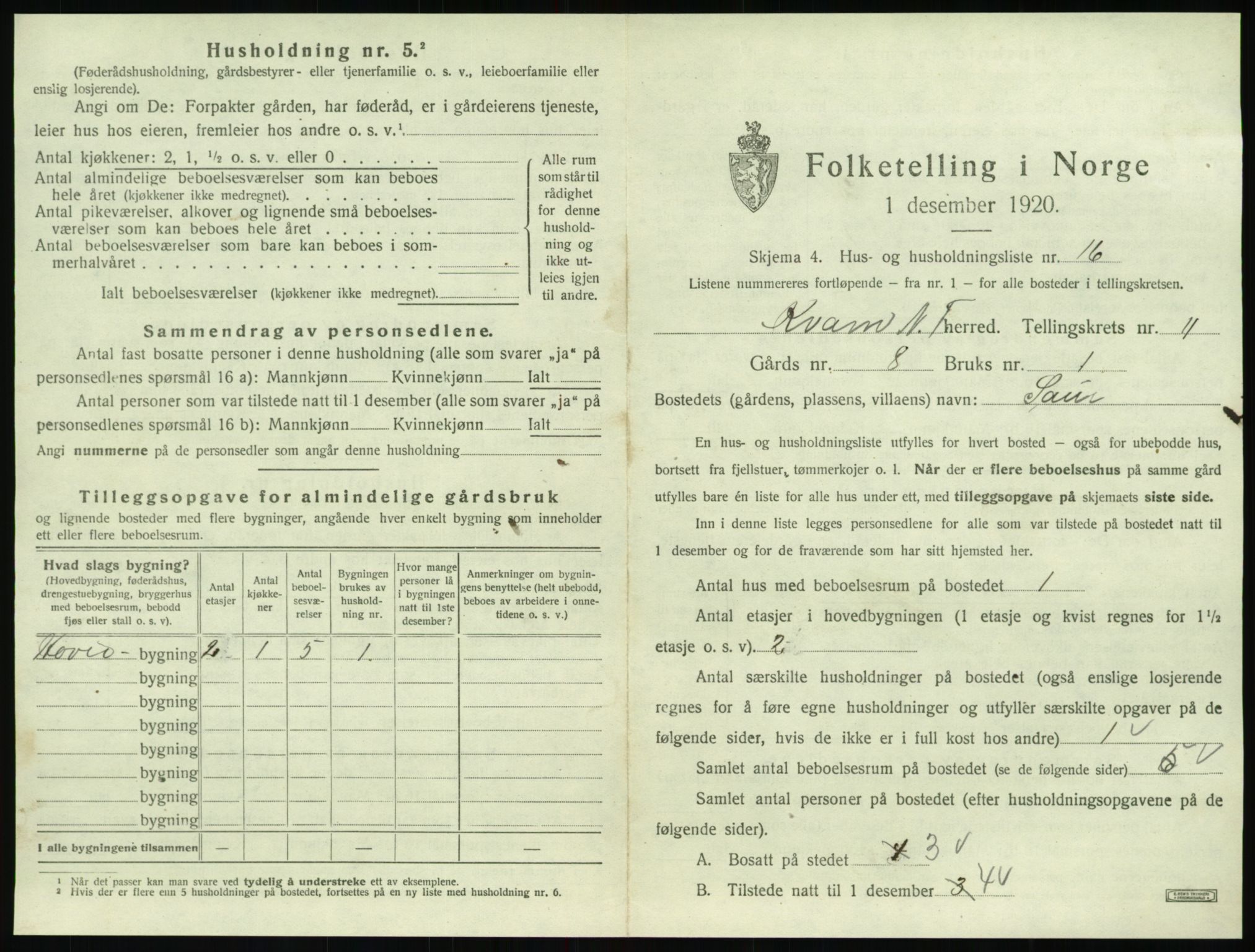 SAT, 1920 census for Kvam, 1920, p. 483