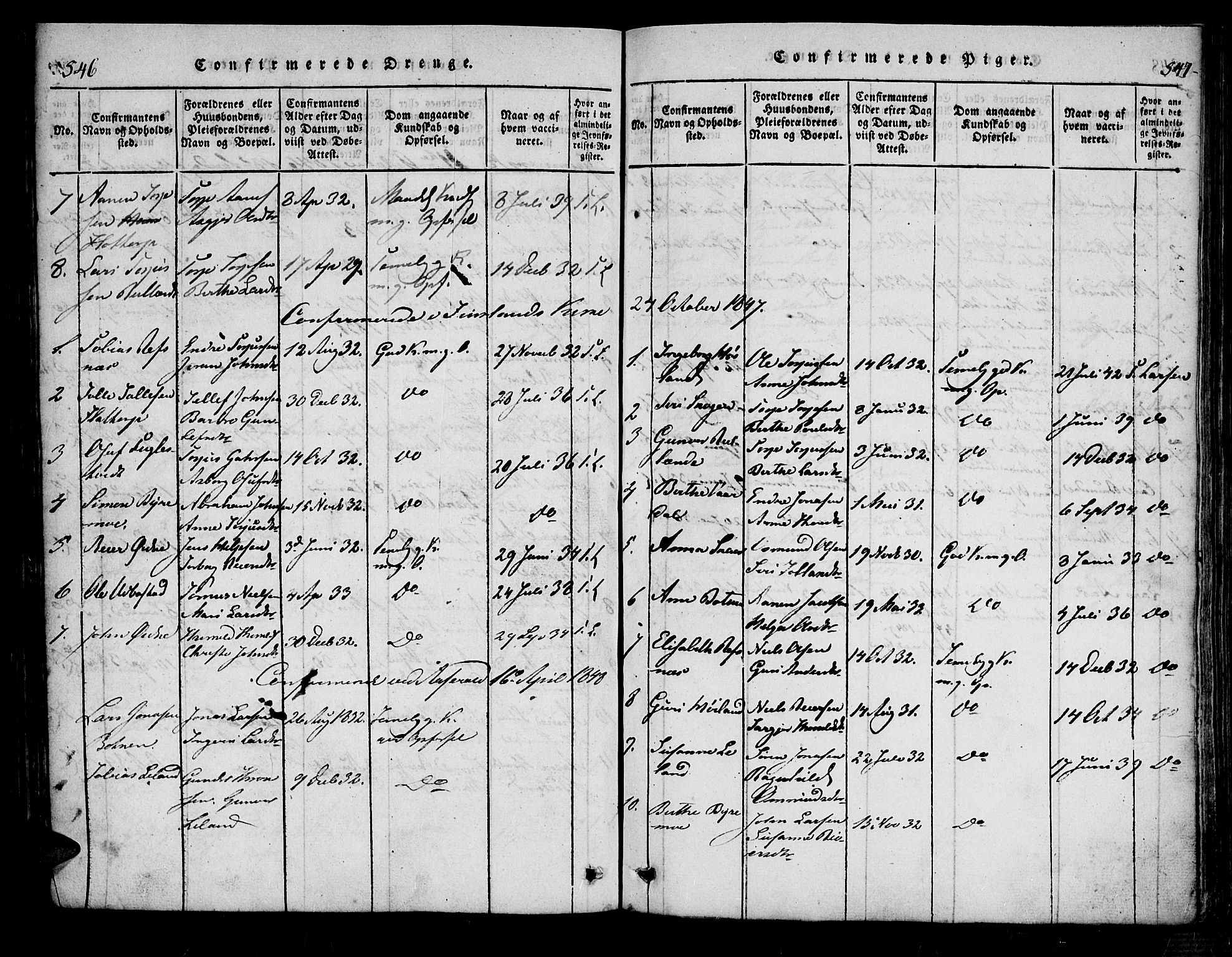 Bjelland sokneprestkontor, SAK/1111-0005/F/Fa/Fac/L0001: Parish register (official) no. A 1, 1815-1866, p. 546-547