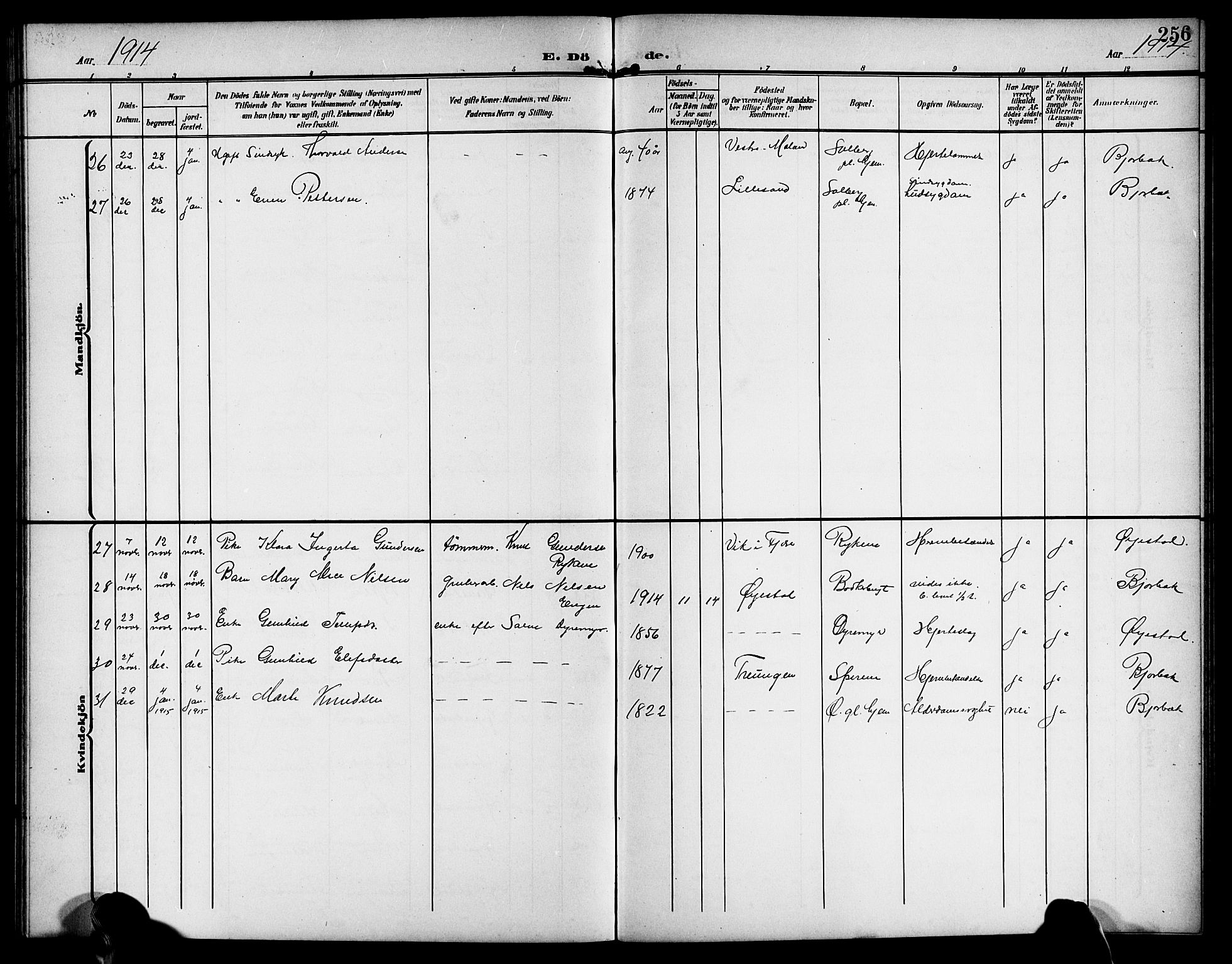 Øyestad sokneprestkontor, SAK/1111-0049/F/Fb/L0011: Parish register (copy) no. B 11, 1906-1918, p. 256