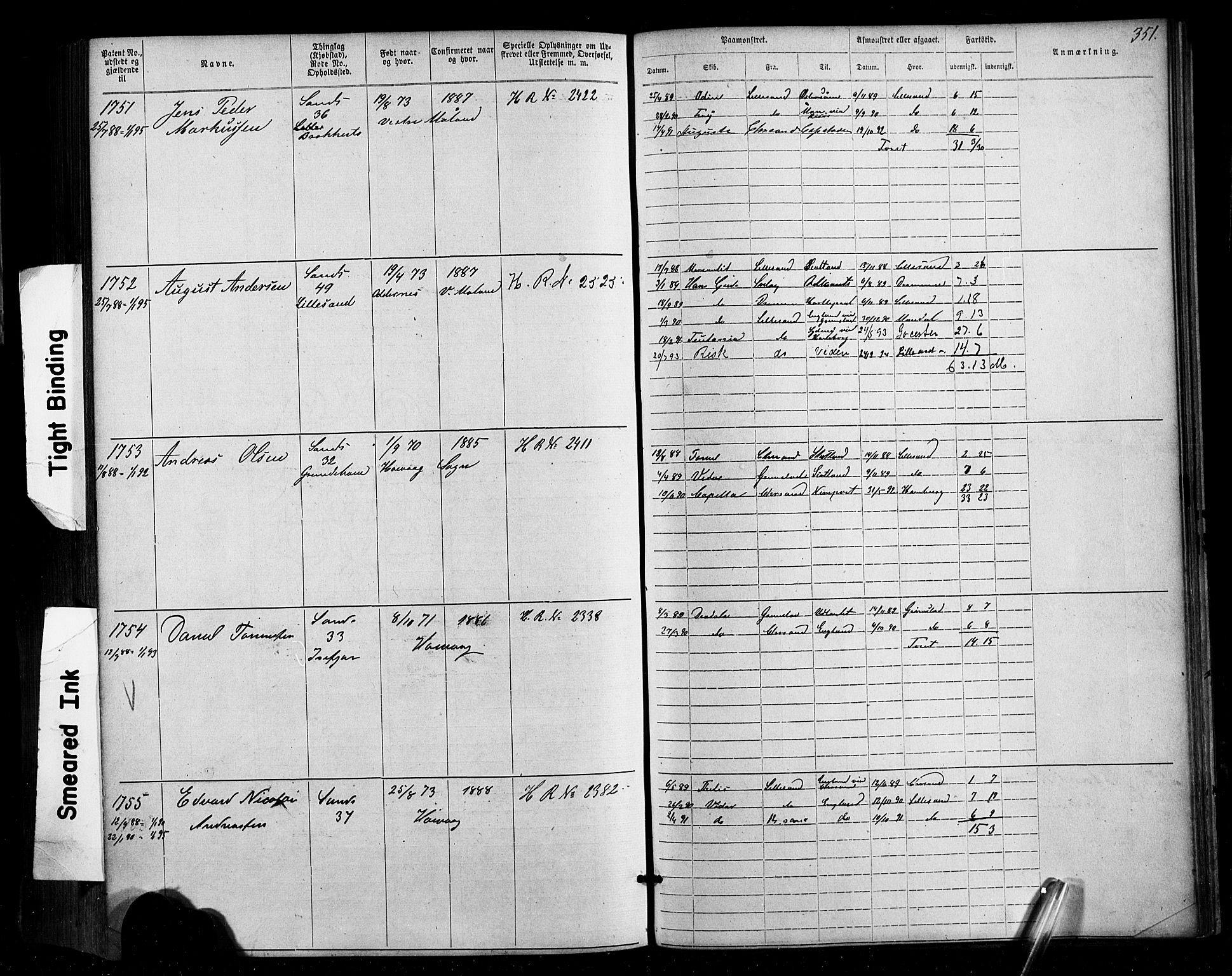 Lillesand mønstringskrets, SAK/2031-0014/F/Fa/L0002: Annotasjonsrulle nr 1-1910 med register, W-8, 1868-1891, p. 360