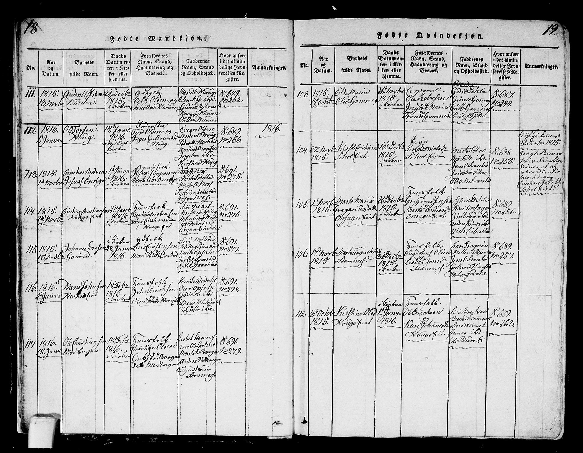 Hole kirkebøker, AV/SAKO-A-228/G/Ga/L0001: Parish register (copy) no. I 1, 1814-1842, p. 18-19