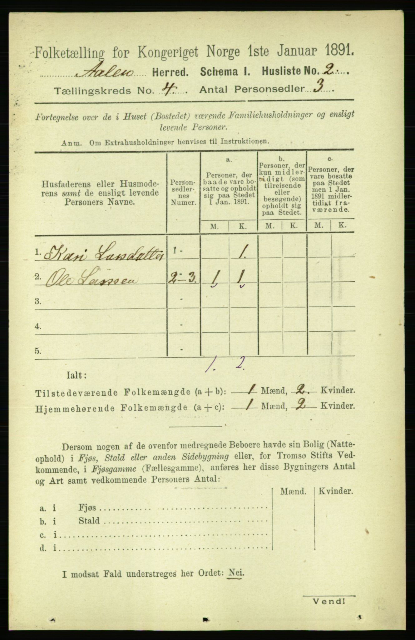 RA, 1891 census for 1644 Ålen, 1891, p. 1124