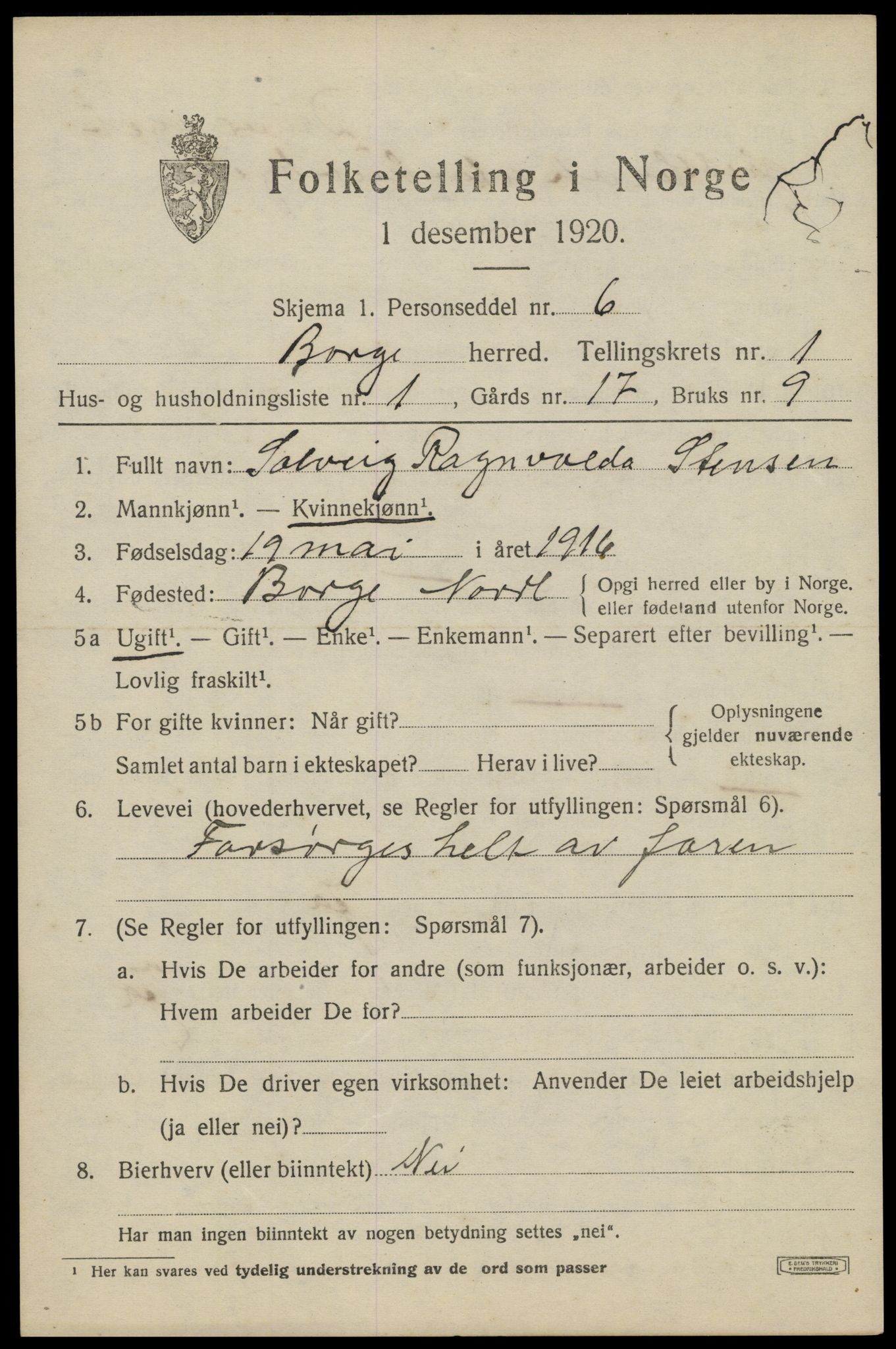 SAT, 1920 census for Borge, 1920, p. 1557