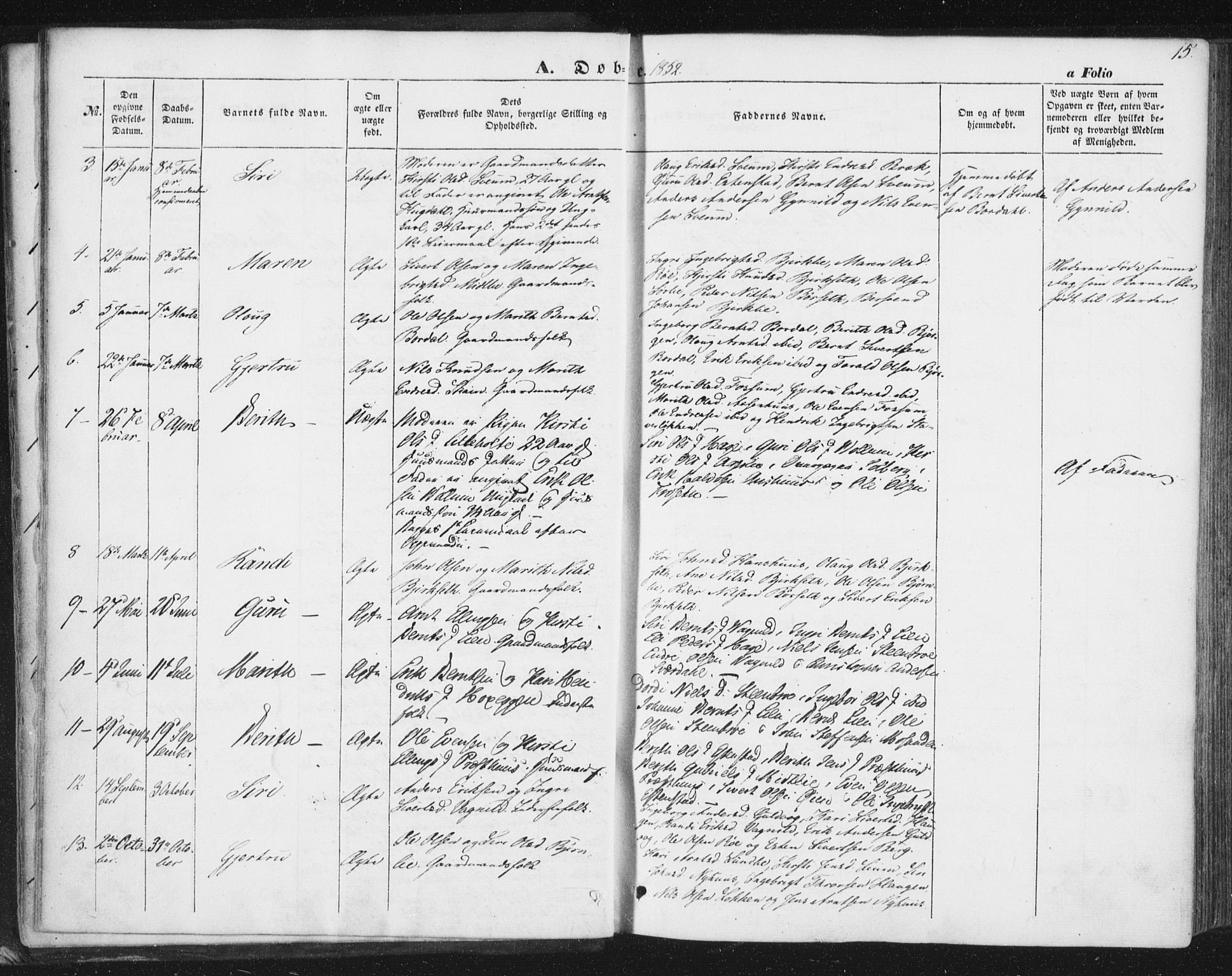 Ministerialprotokoller, klokkerbøker og fødselsregistre - Sør-Trøndelag, SAT/A-1456/689/L1038: Parish register (official) no. 689A03, 1848-1872, p. 15