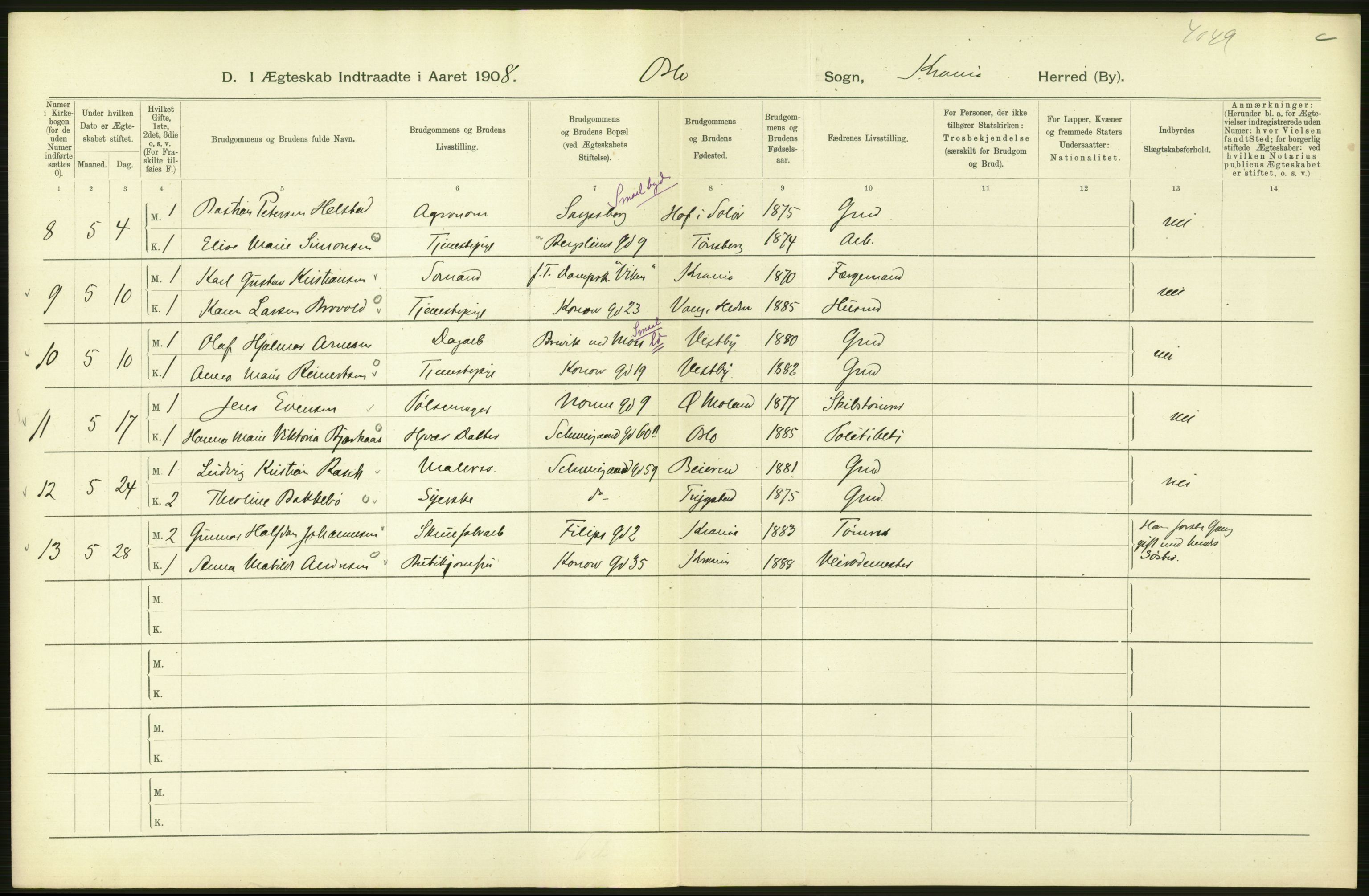 Statistisk sentralbyrå, Sosiodemografiske emner, Befolkning, AV/RA-S-2228/D/Df/Dfa/Dfaf/L0007: Kristiania: Gifte, 1908, p. 230