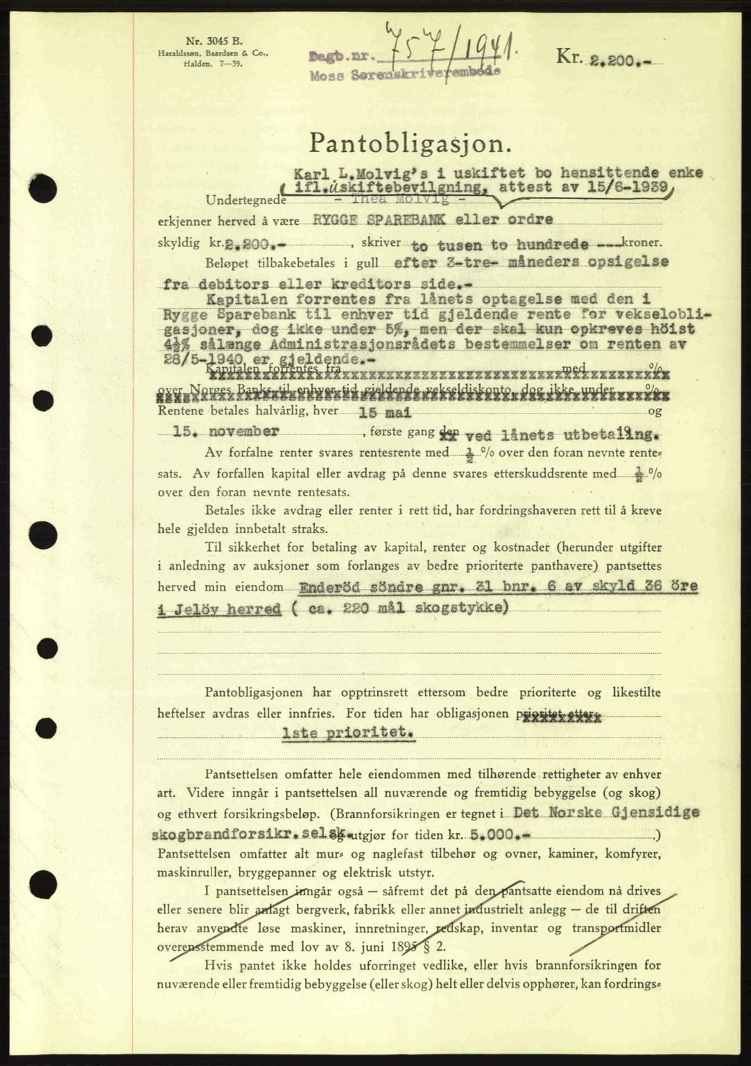 Moss sorenskriveri, SAO/A-10168: Mortgage book no. B10, 1940-1941, Diary no: : 757/1941