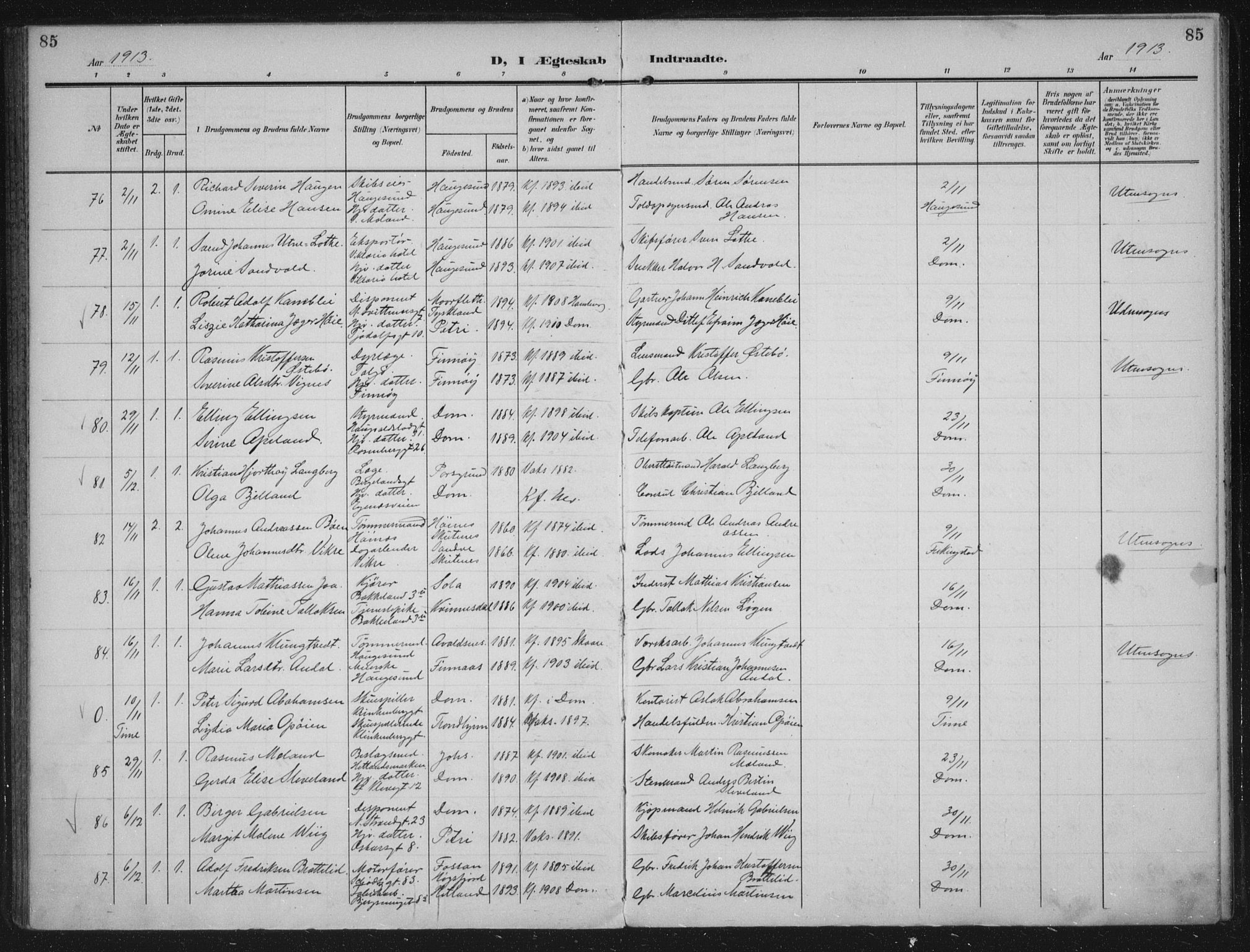 Domkirken sokneprestkontor, AV/SAST-A-101812/002/A/L0016: Parish register (official) no. A 33, 1905-1922, p. 85