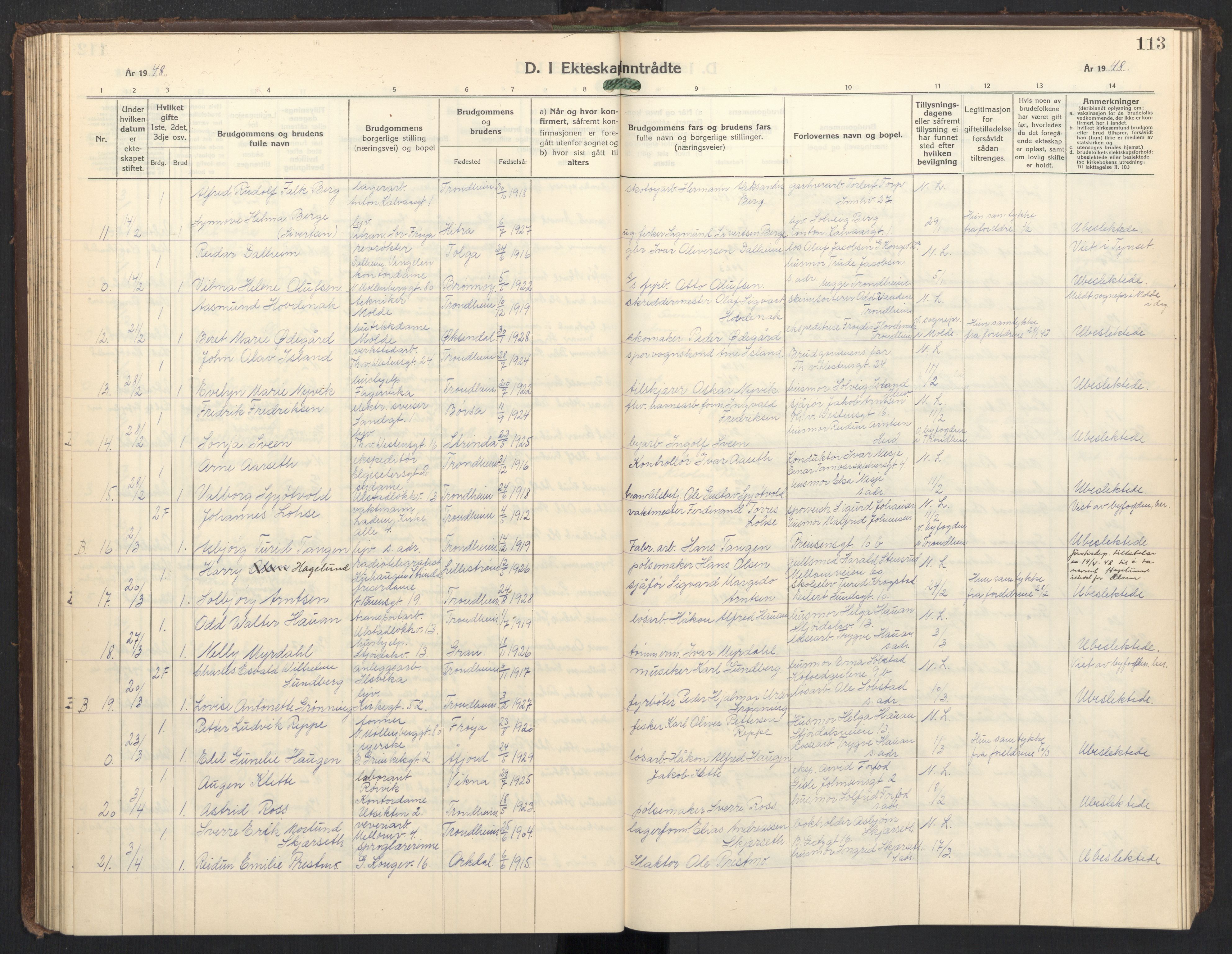 Ministerialprotokoller, klokkerbøker og fødselsregistre - Sør-Trøndelag, AV/SAT-A-1456/605/L0263: Parish register (copy) no. 605C10, 1938-1949, p. 113