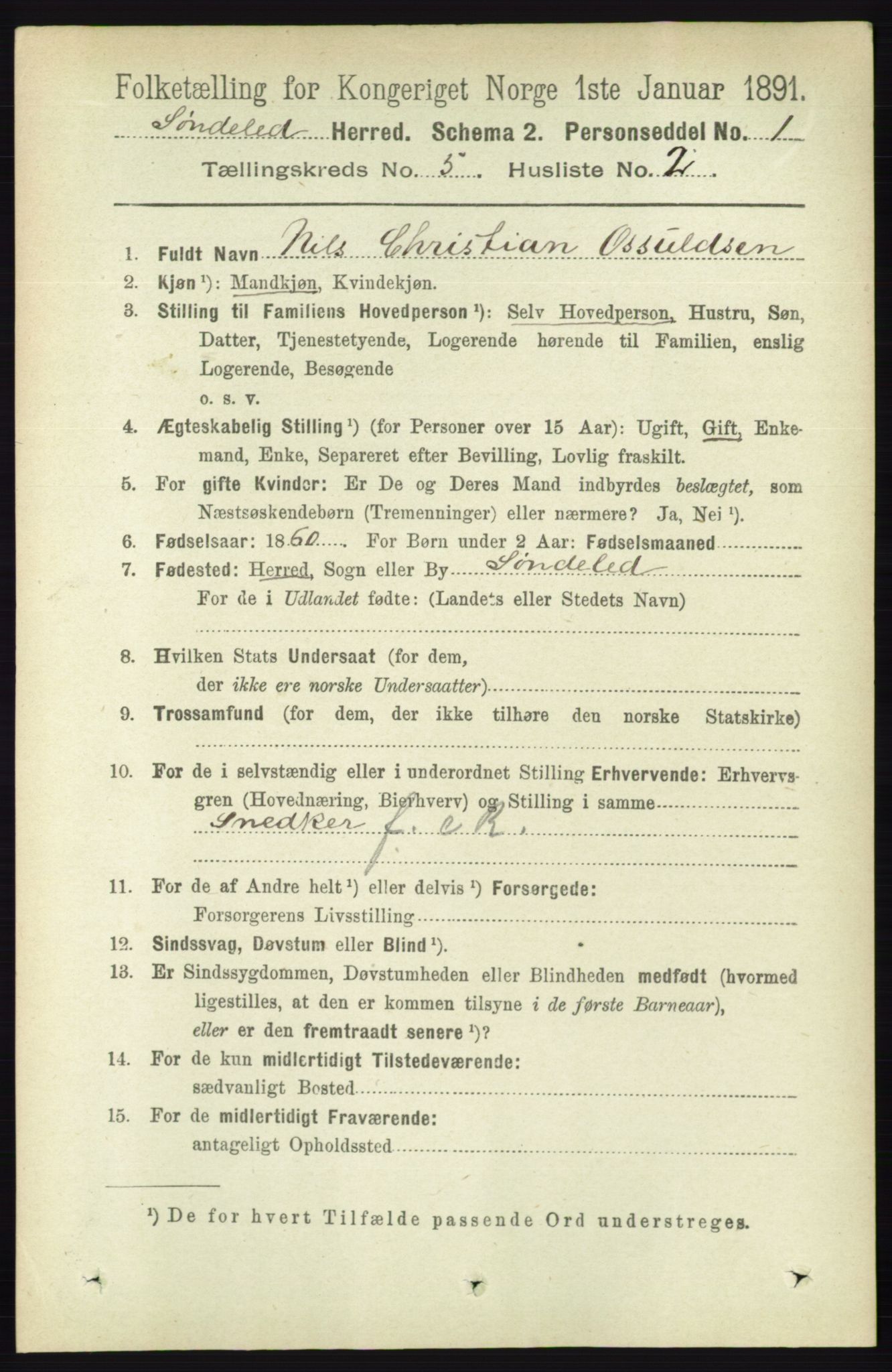 RA, 1891 census for 0913 Søndeled, 1891, p. 1222