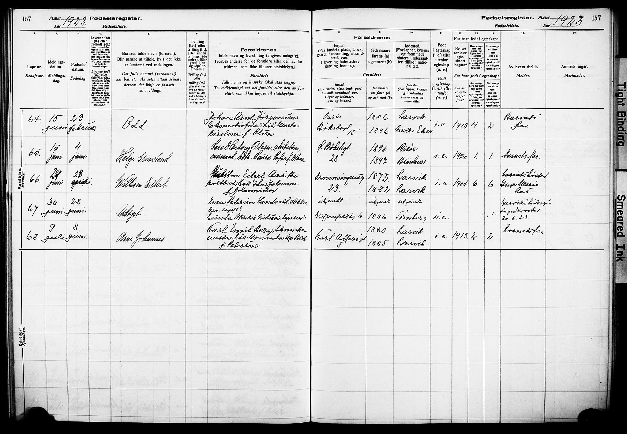 Larvik kirkebøker, AV/SAKO-A-352/J/Ja/L0001: Birth register no. I 1, 1916-1926, p. 157