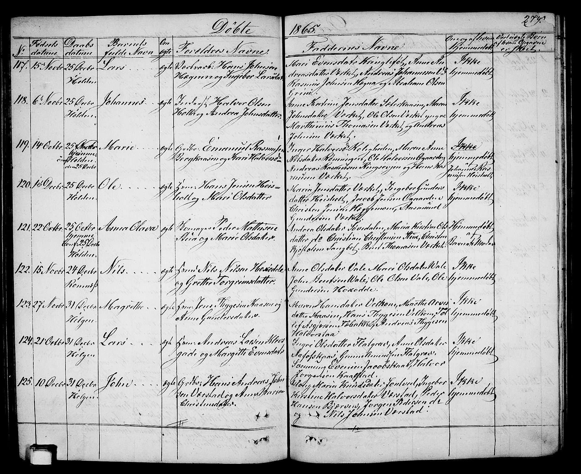 Holla kirkebøker, SAKO/A-272/G/Ga/L0003: Parish register (copy) no. I 3, 1849-1866, p. 279