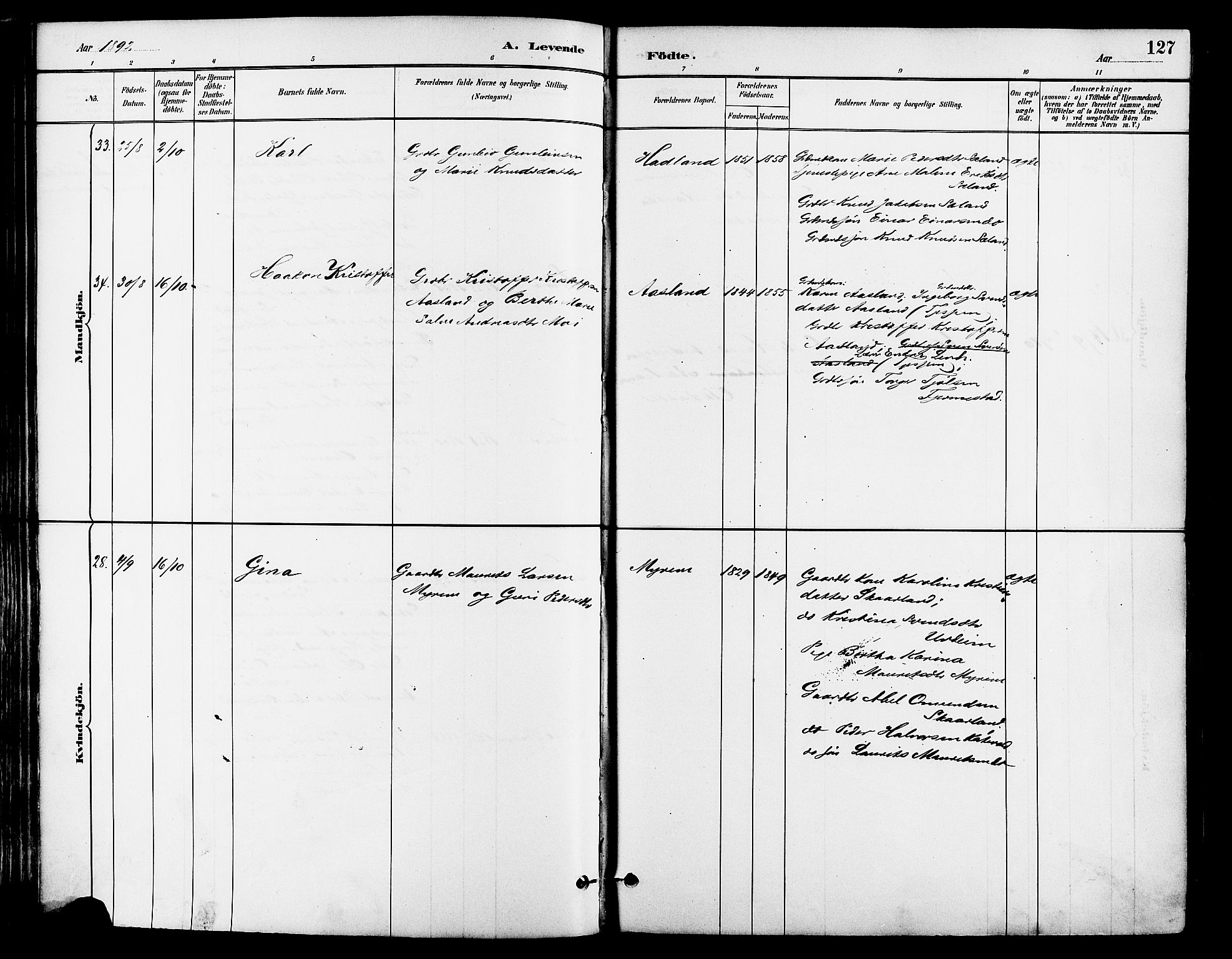 Lye sokneprestkontor, AV/SAST-A-101794/001/30BA/L0009: Parish register (official) no. A 8, 1881-1892, p. 127