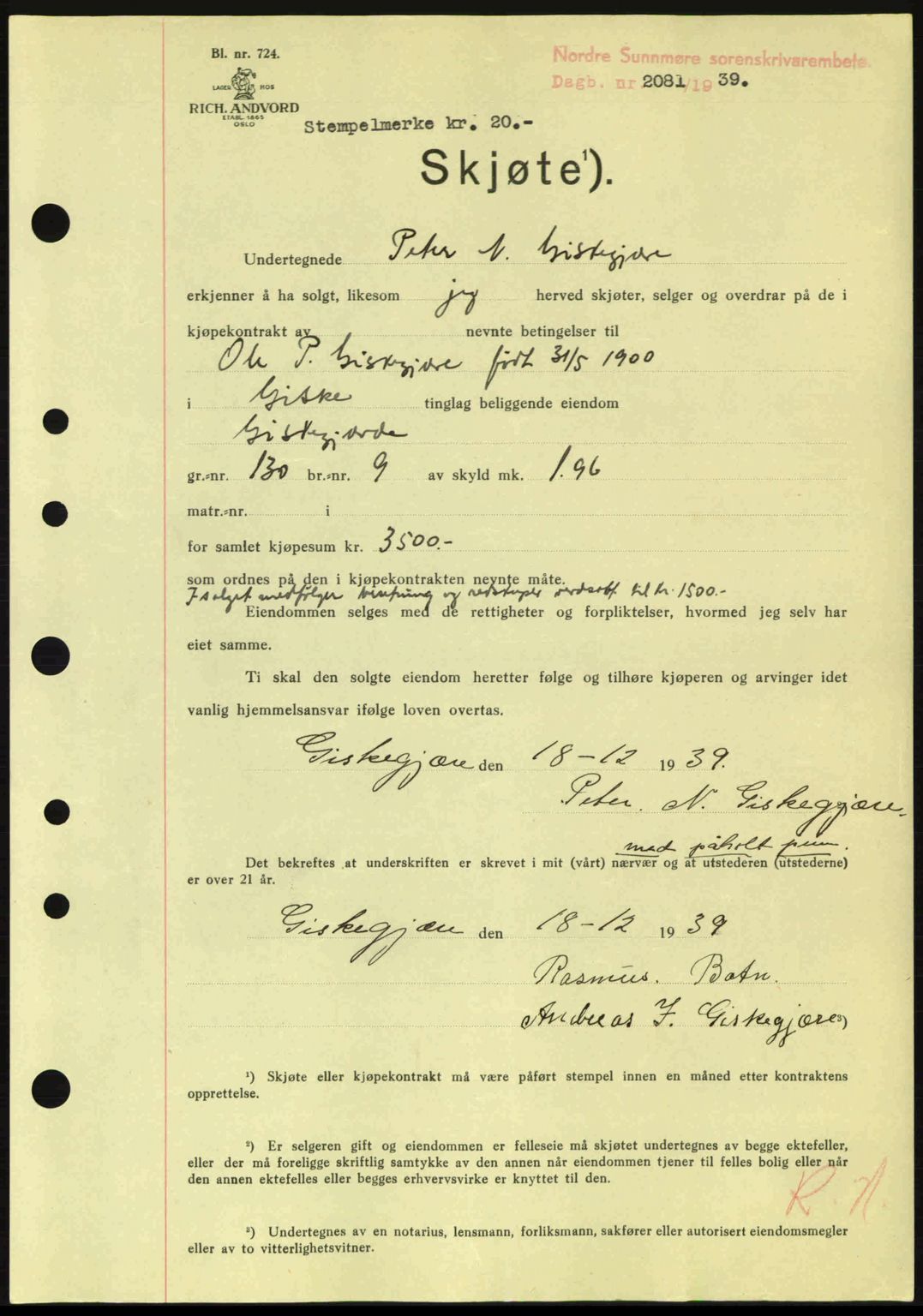 Nordre Sunnmøre sorenskriveri, AV/SAT-A-0006/1/2/2C/2Ca: Mortgage book no. A8, 1939-1940, Diary no: : 2081/1939