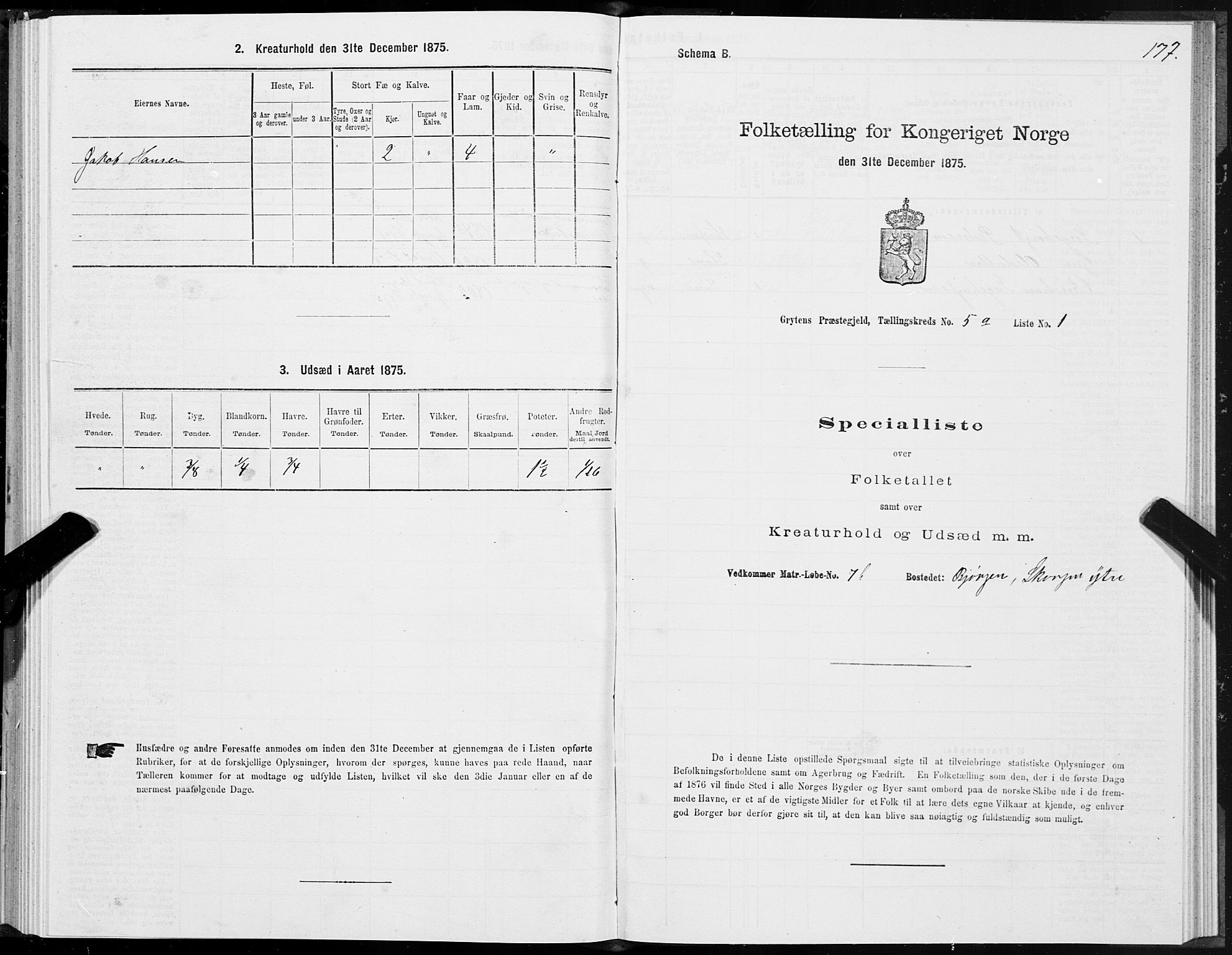 SAT, 1875 census for 1539P Grytten, 1875, p. 2177