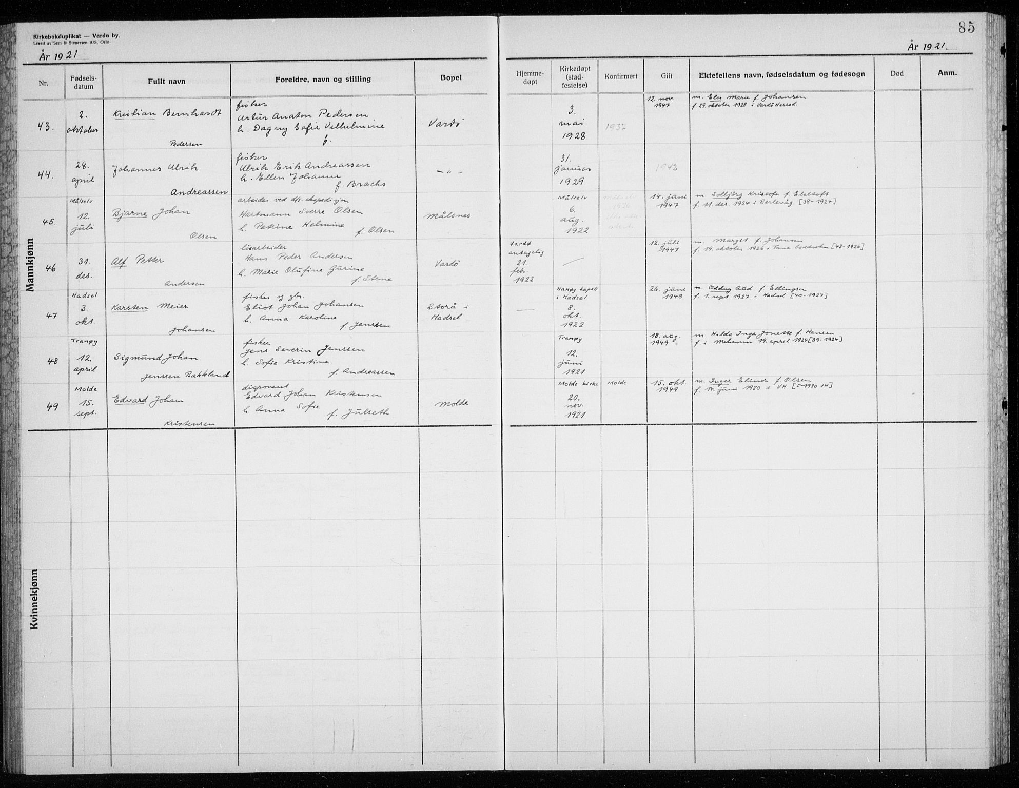 Vardø sokneprestkontor, AV/SATØ-S-1332/H/Hc/L0002kirkerekon: Other parish register no. 2, 1915-1929, p. 85