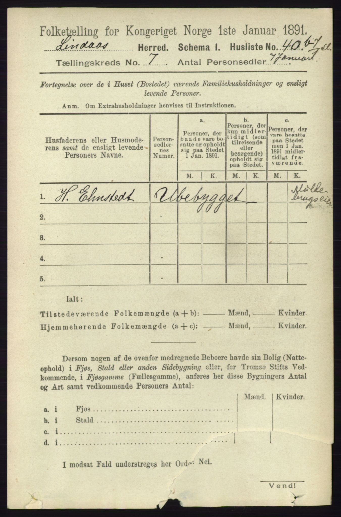 RA, 1891 census for 1263 Lindås, 1891, p. 2075
