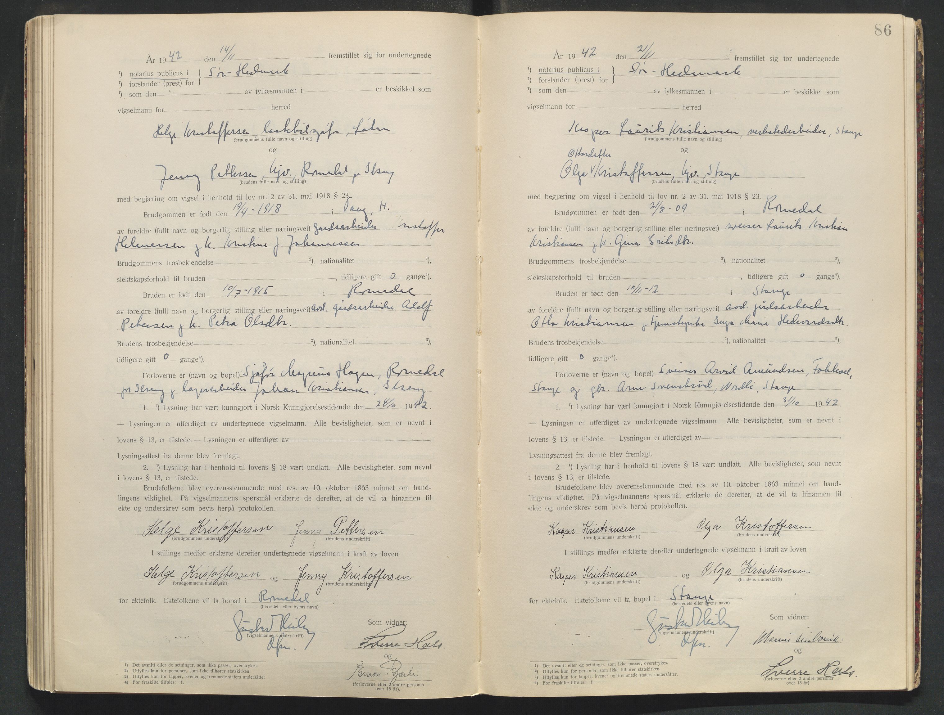 Sør-Hedmark sorenskriveri, AV/SAH-TING-014/L/Le/L0001/0002: Vigselbøker / Vigselbok, 1938-1942, p. 86