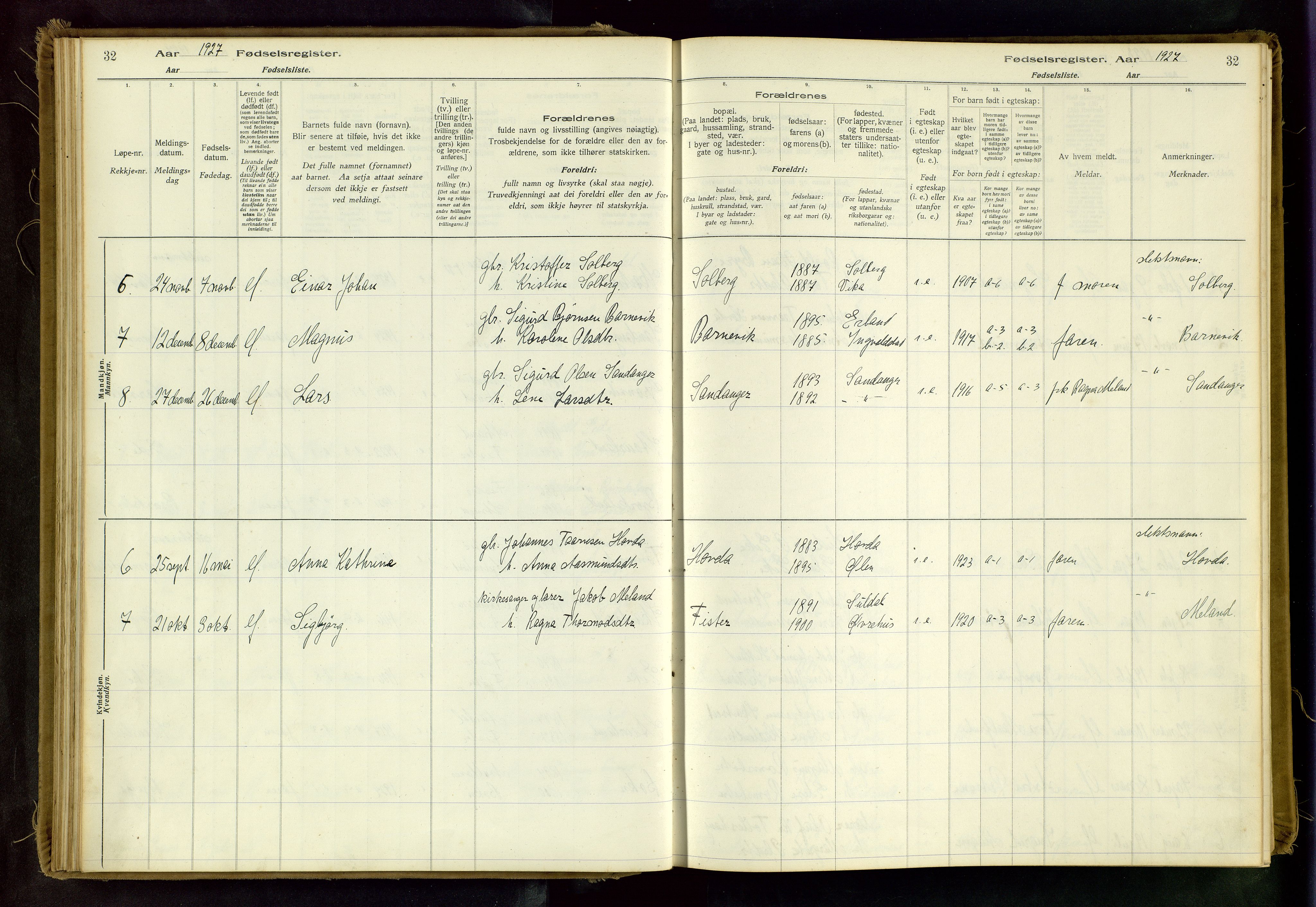 Hjelmeland sokneprestkontor, SAST/A-101843/02/B/L0003: Birth register no. 3, 1916-1997, p. 32