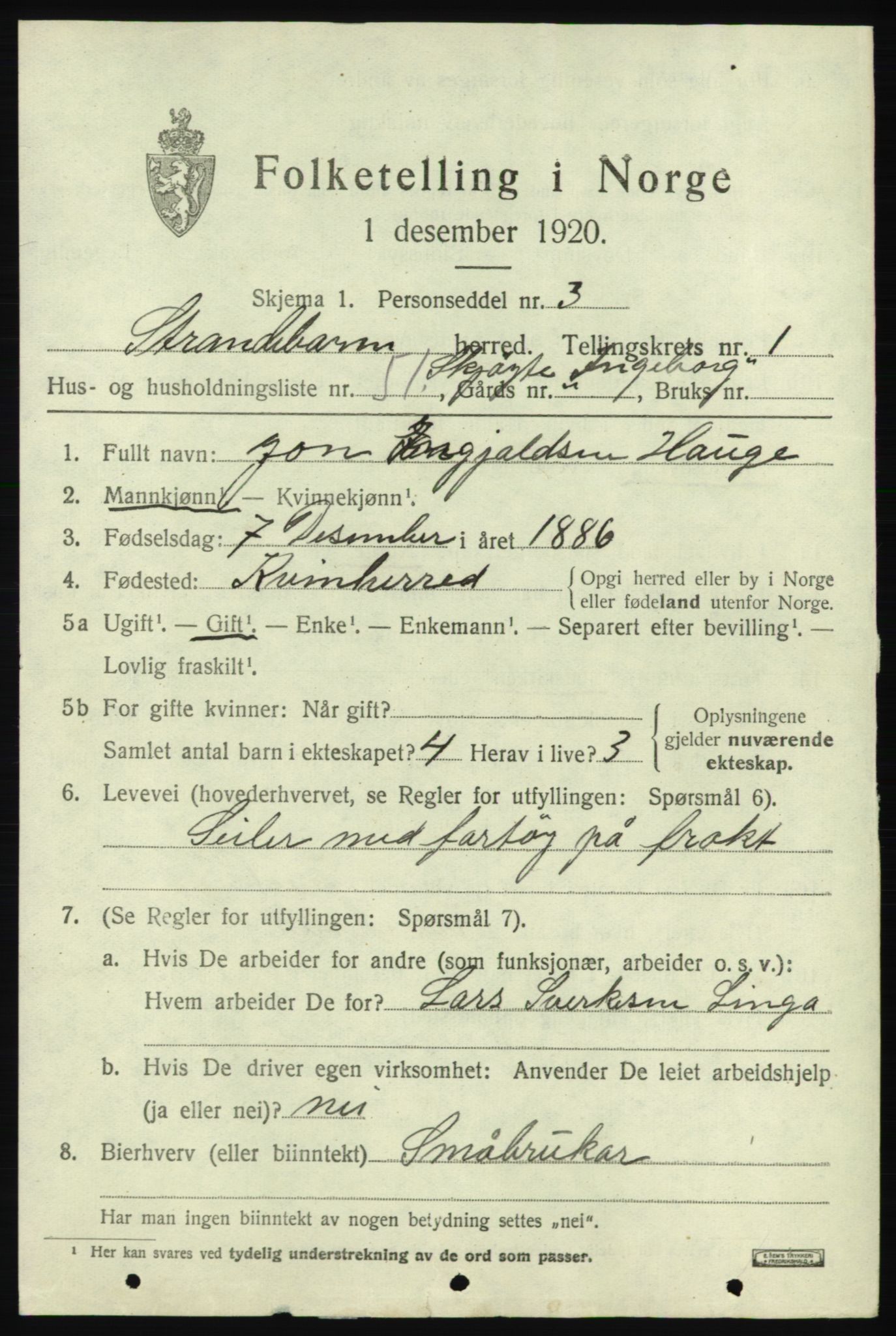 SAB, 1920 census for Strandebarm, 1920, p. 1872