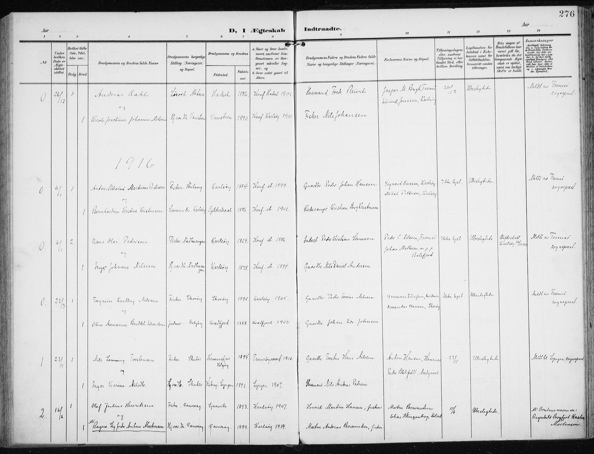 Karlsøy sokneprestembete, SATØ/S-1299/H/Ha/Haa/L0014kirke: Parish register (official) no. 14, 1903-1917, p. 276