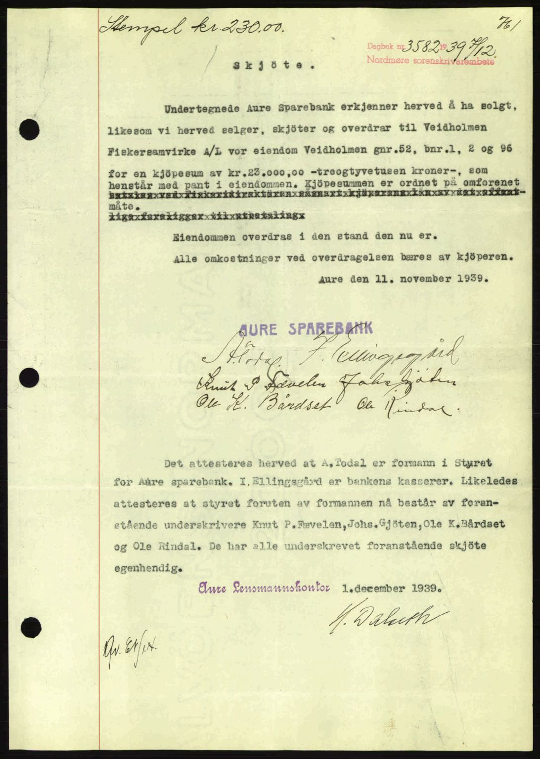 Nordmøre sorenskriveri, AV/SAT-A-4132/1/2/2Ca: Mortgage book no. A87, 1939-1940, Diary no: : 3582/1939