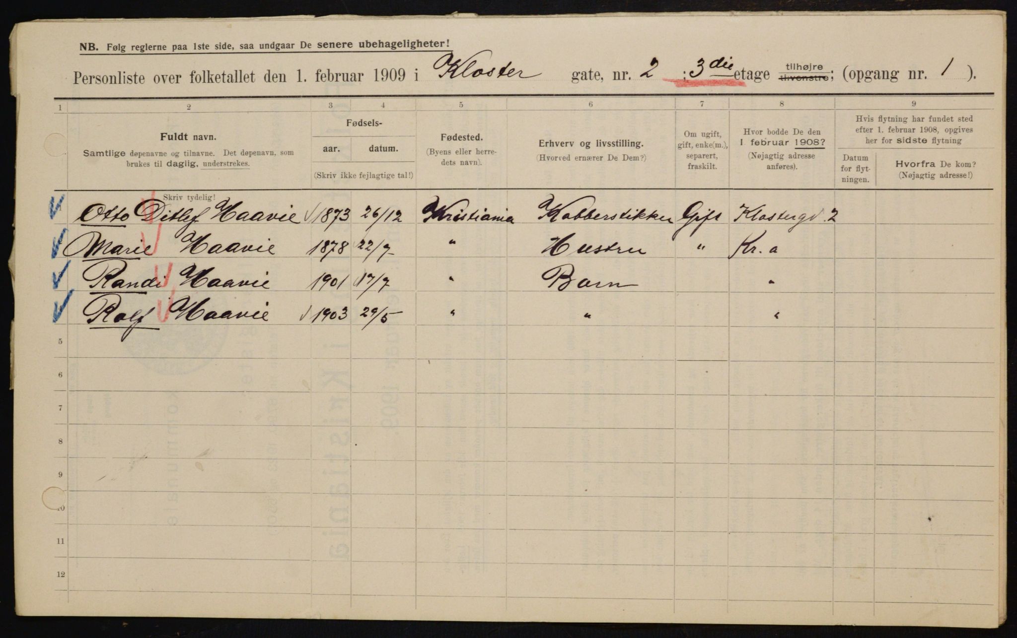 OBA, Municipal Census 1909 for Kristiania, 1909, p. 47757