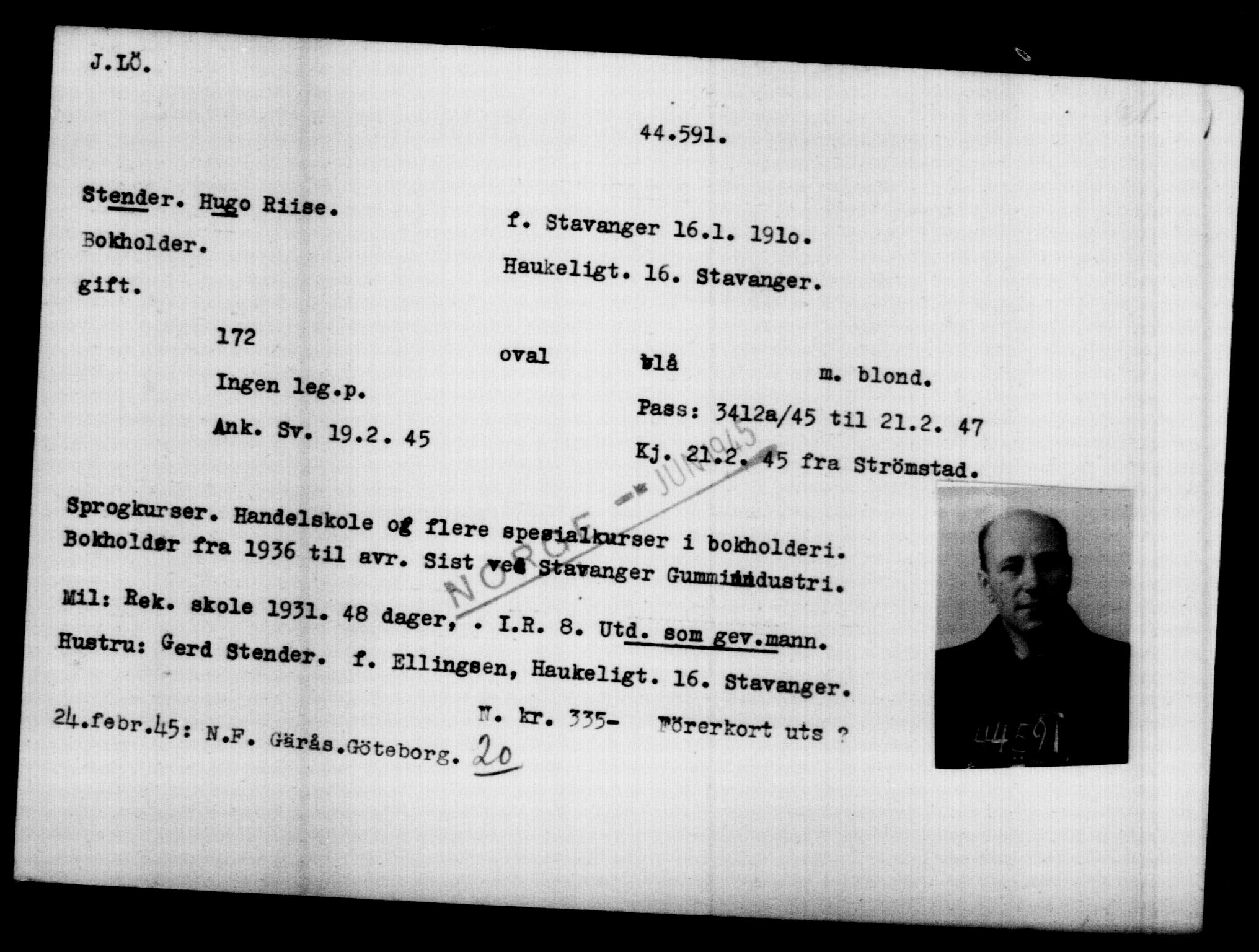 Utenriksstasjonene, Legasjonen i Stockholm, Flyktningkontoret, AV/RA-S-6753/V/Va/L0017: Kjesäterkartoteket, flyktninger med registreringsnr. 43400-46318, 1940-1945, p. 1248
