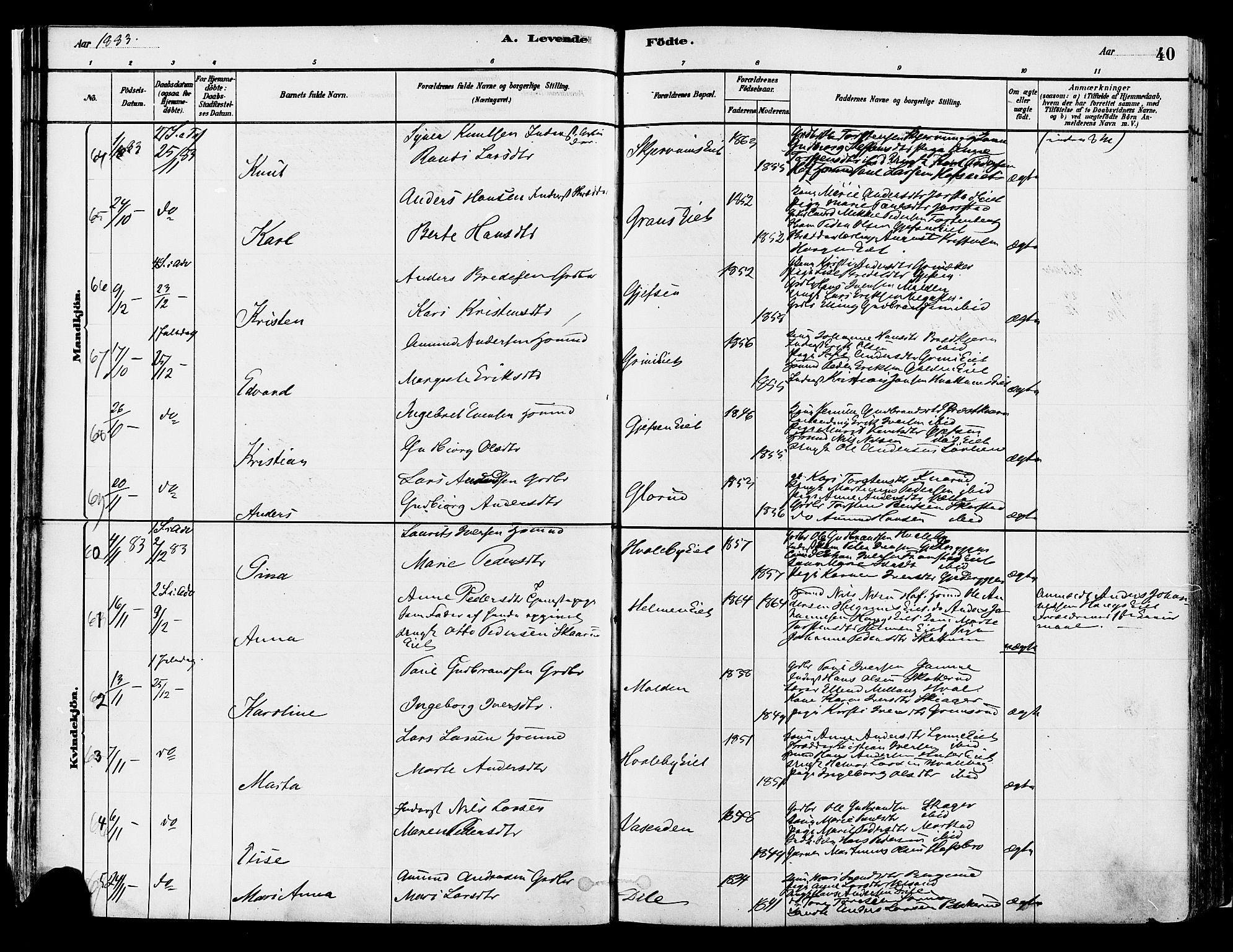 Gran prestekontor, SAH/PREST-112/H/Ha/Haa/L0014: Parish register (official) no. 14, 1880-1889, p. 40