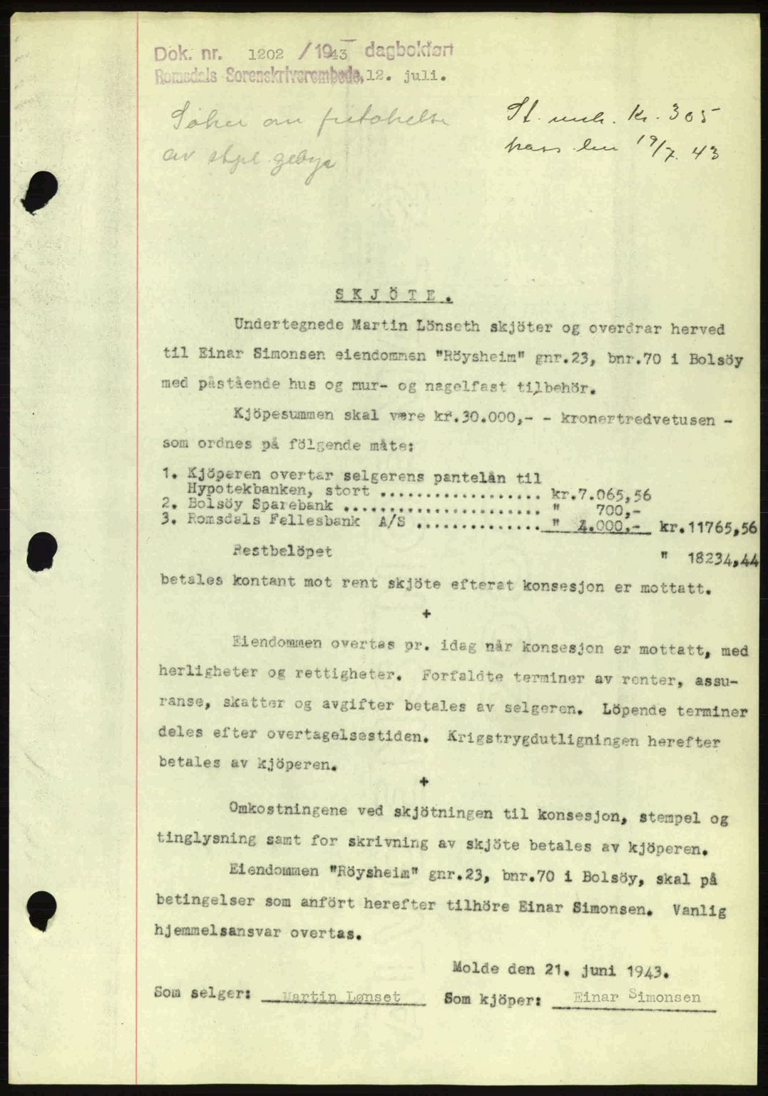 Romsdal sorenskriveri, AV/SAT-A-4149/1/2/2C: Mortgage book no. A14, 1943-1943, Diary no: : 1202/1943