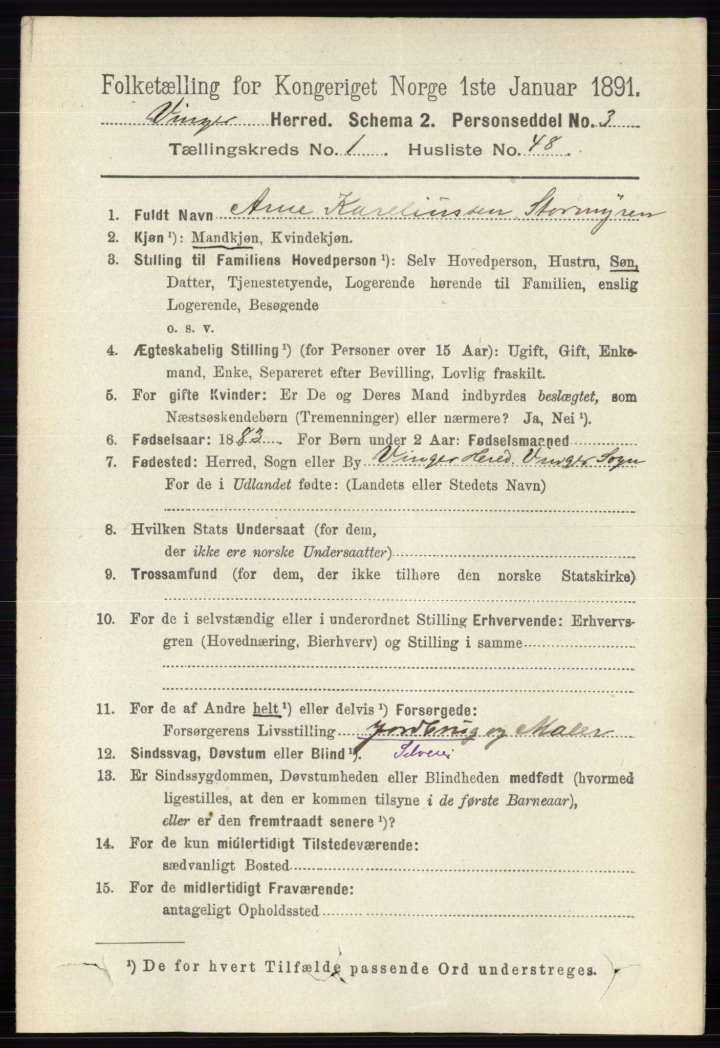 RA, 1891 census for 0421 Vinger, 1891, p. 383