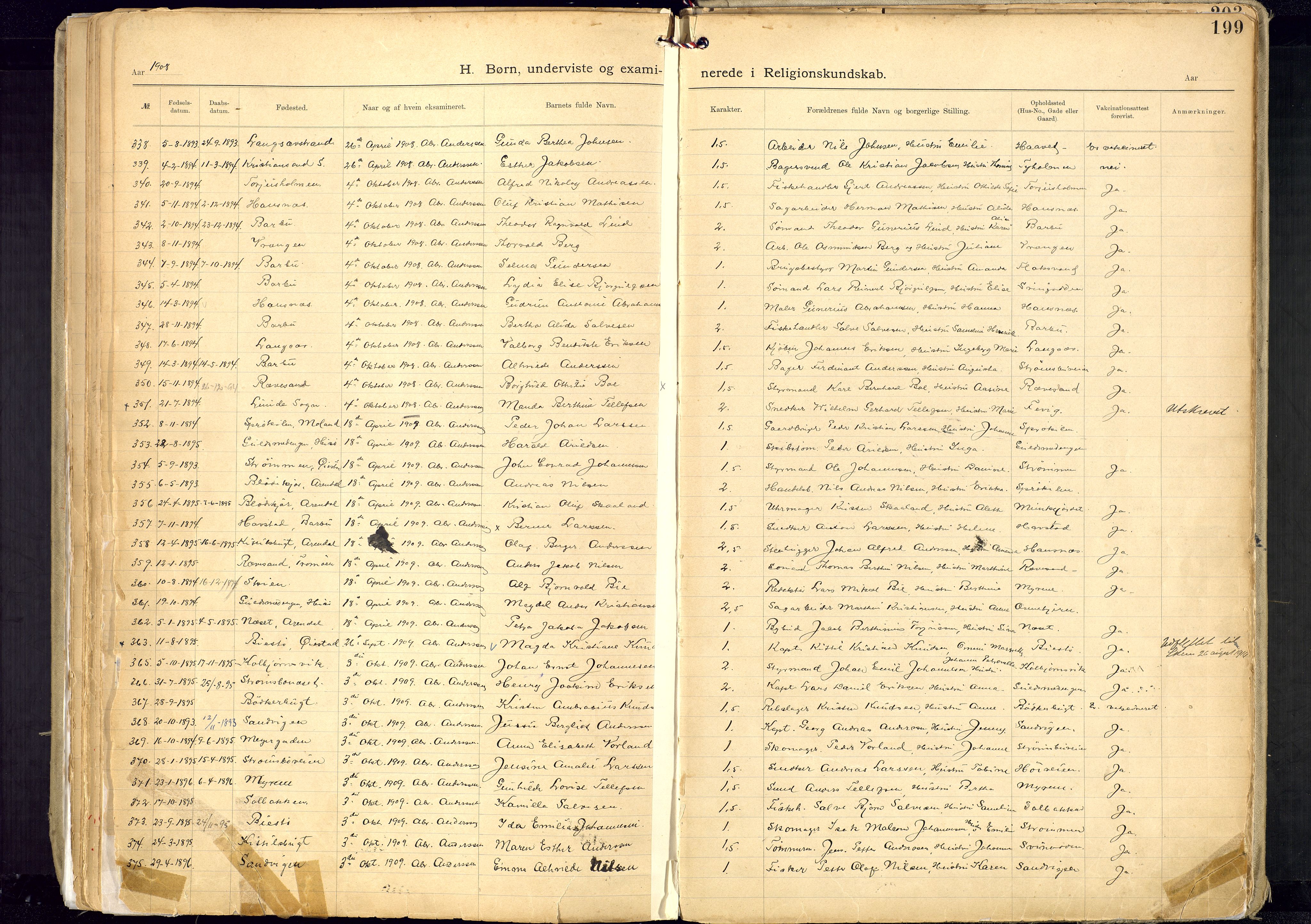 Metodistmenigheten, Arendal, AV/SAK-1292-0011/F/Fa/L0005: Dissenter register no. 5, 1892-1942, p. 199