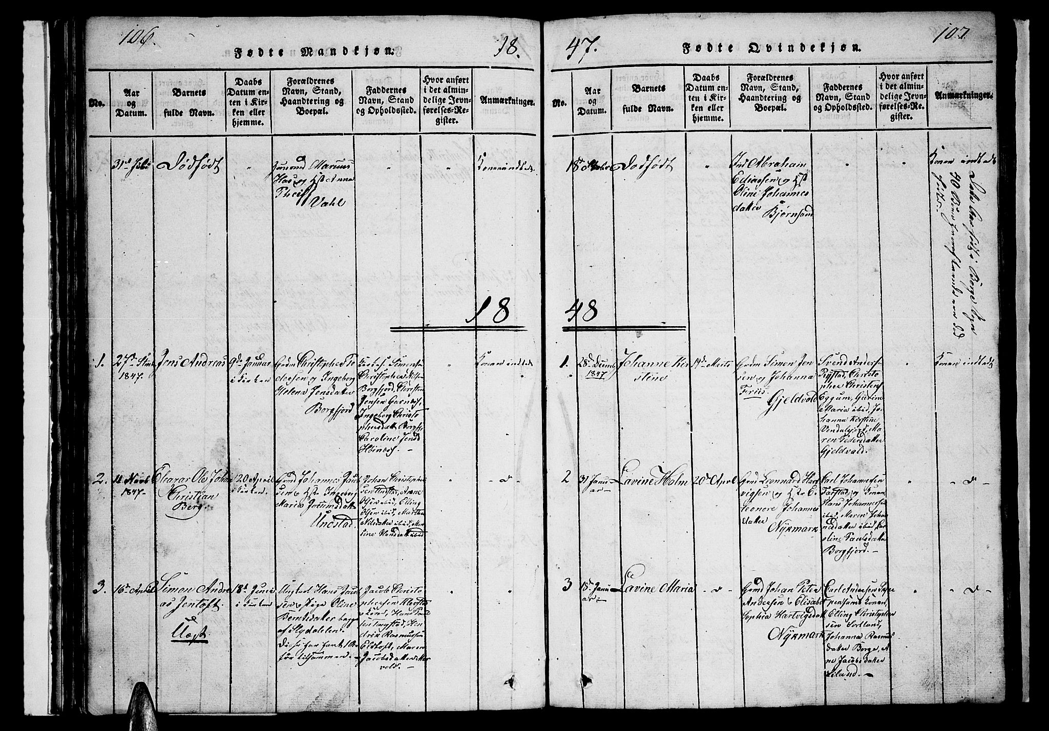 Ministerialprotokoller, klokkerbøker og fødselsregistre - Nordland, AV/SAT-A-1459/880/L1139: Parish register (copy) no. 880C01, 1836-1857, p. 106-107