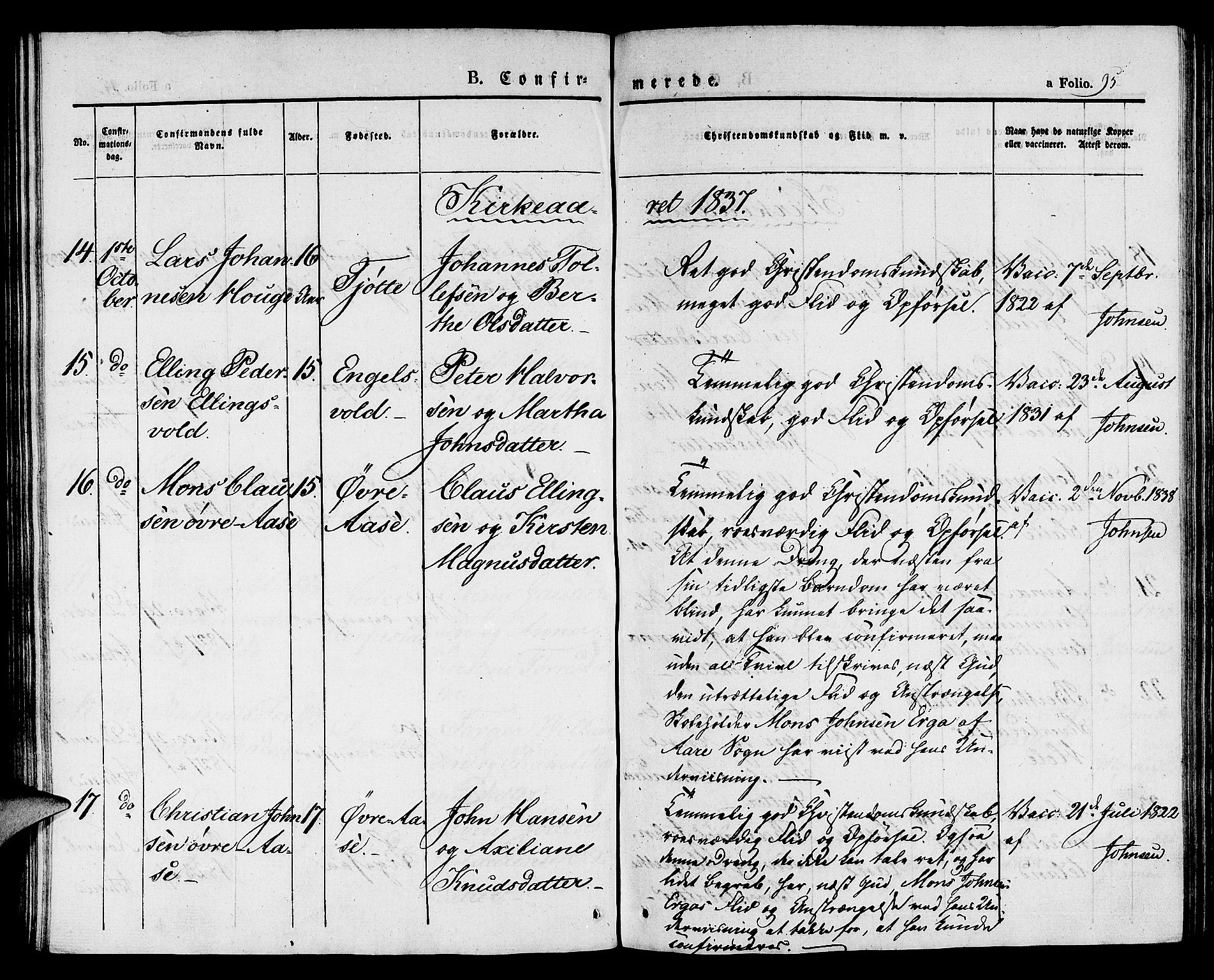 Klepp sokneprestkontor, SAST/A-101803/001/3/30BA/L0003: Parish register (official) no. A 3, 1833-1842, p. 95