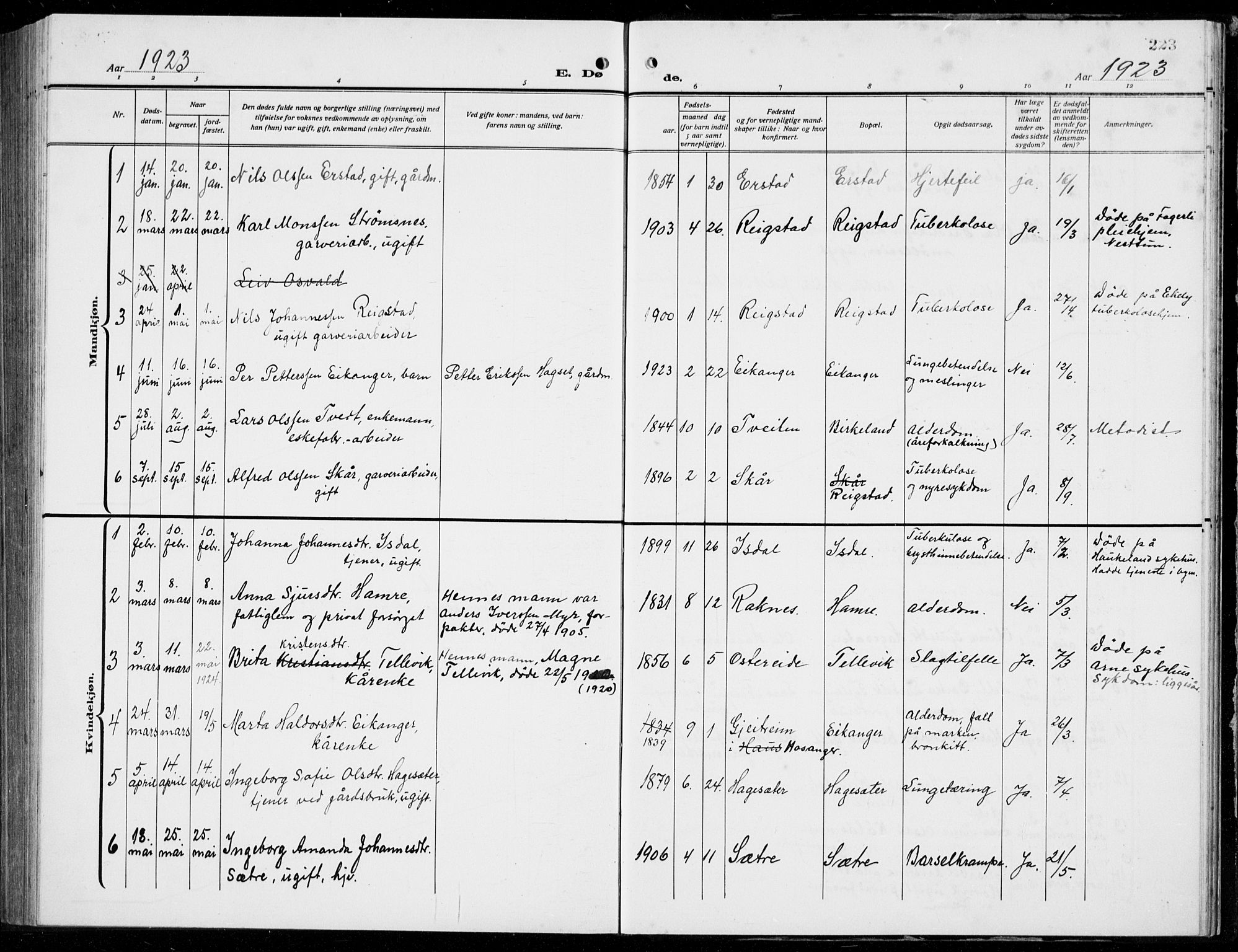 Hamre sokneprestembete, AV/SAB-A-75501/H/Ha/Hab: Parish register (copy) no. B 5, 1920-1940, p. 223