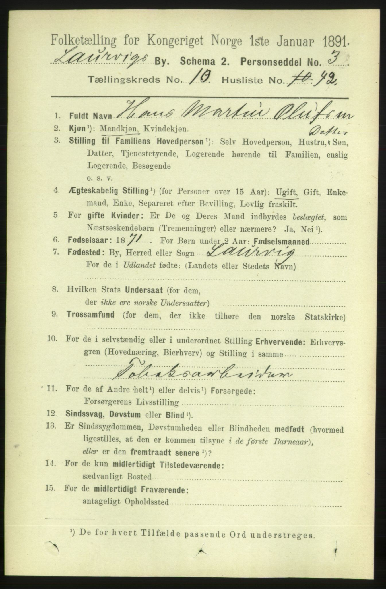 RA, 1891 census for 0707 Larvik, 1891, p. 9447