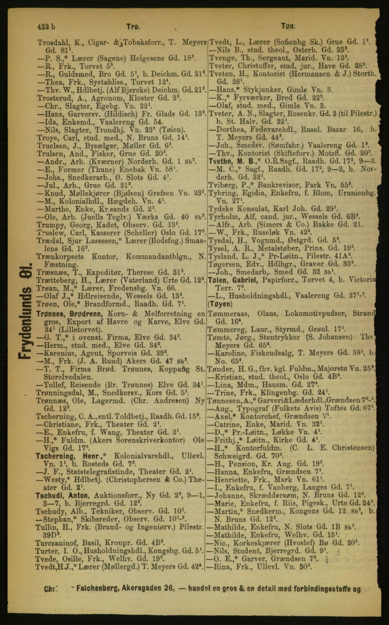 Kristiania/Oslo adressebok, PUBL/-, 1889, p. 422b