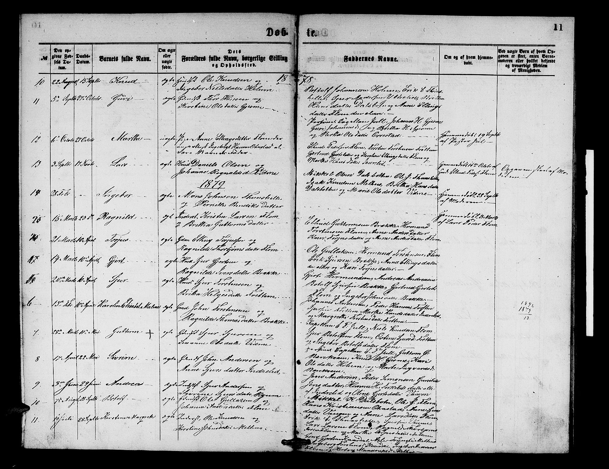 Aurland sokneprestembete, SAB/A-99937/H/Hb/Hbb/L0001: Parish register (copy) no. B 1, 1868-1887, p. 11
