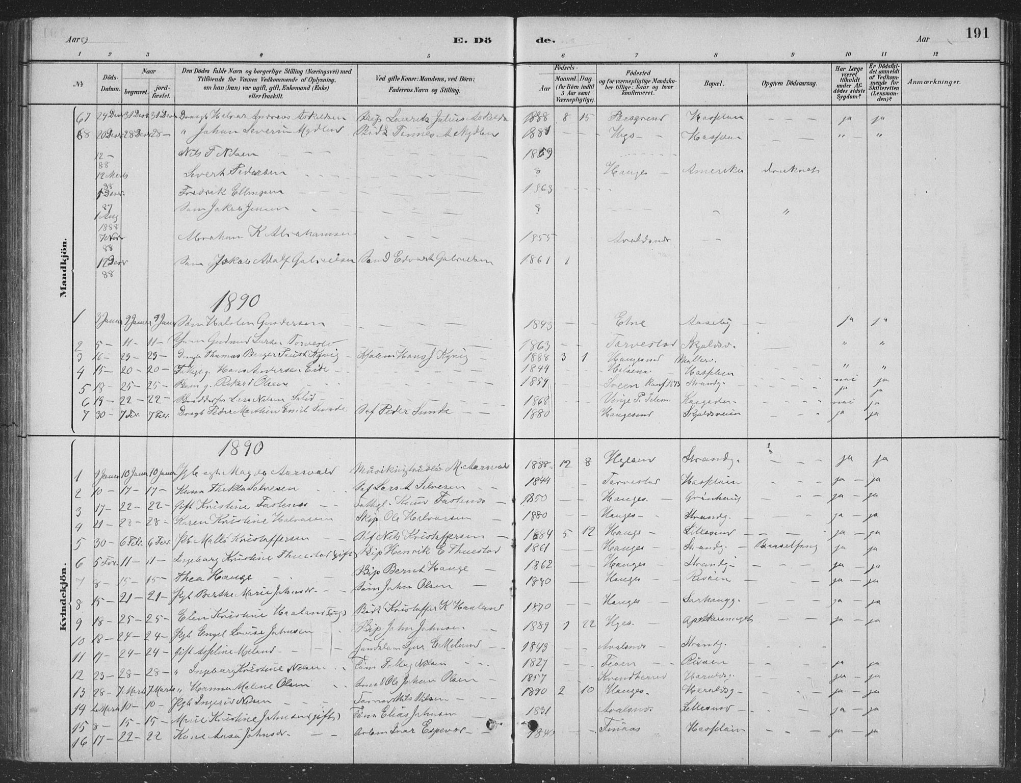 Haugesund sokneprestkontor, AV/SAST-A -101863/H/Ha/Hab/L0002: Parish register (copy) no. B 2, 1881-1894, p. 191