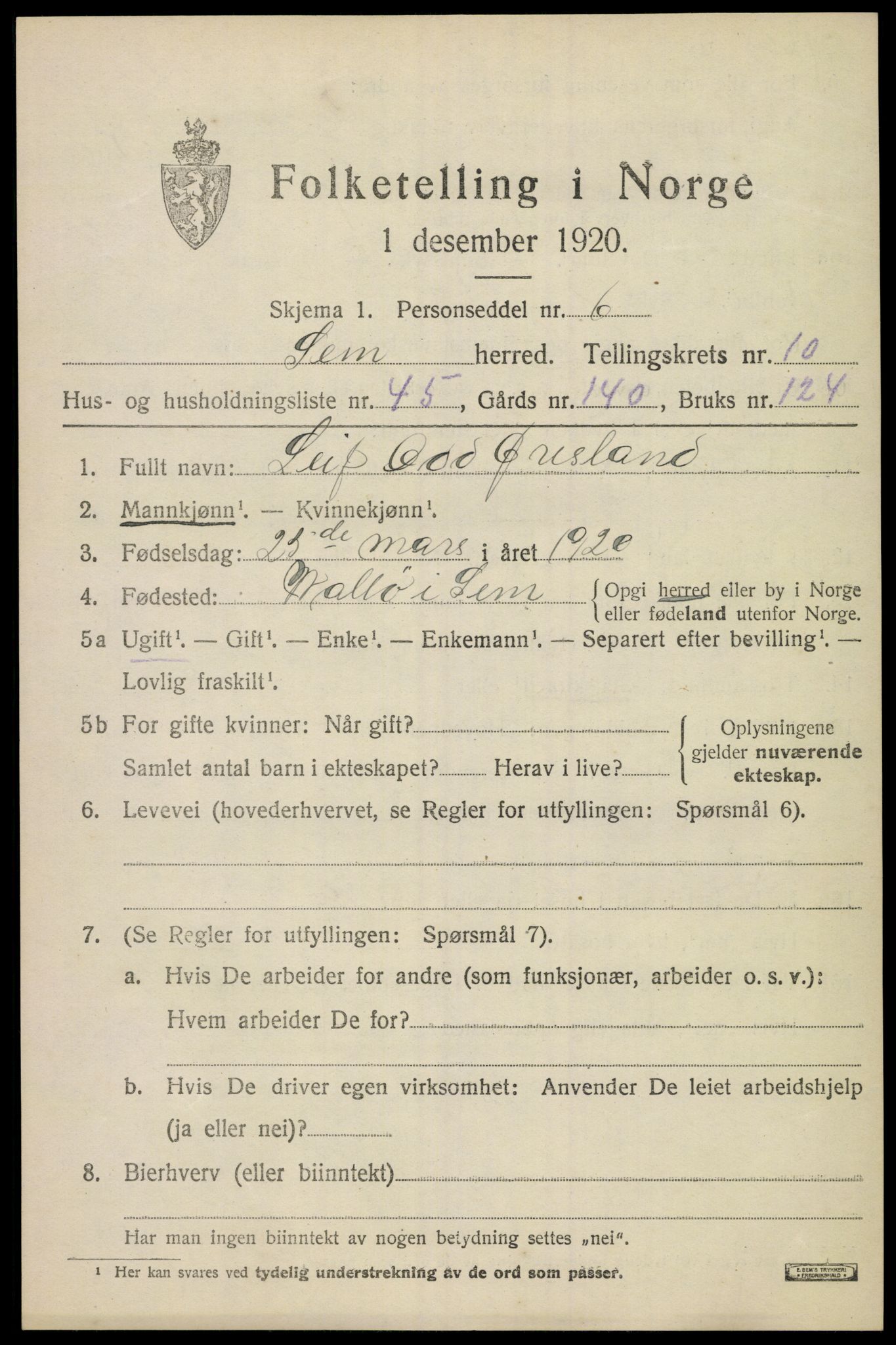 SAKO, 1920 census for Sem, 1920, p. 14075