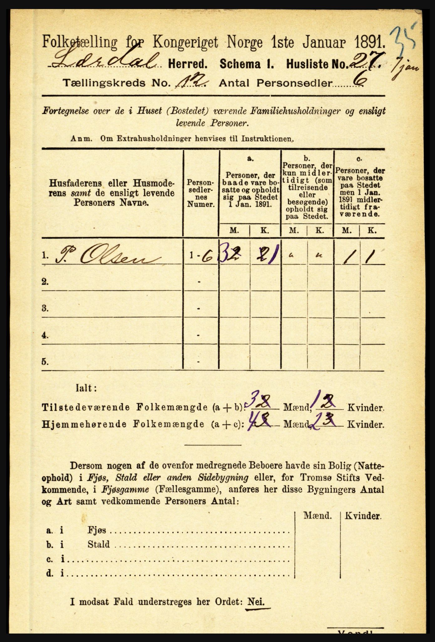 RA, 1891 census for 1422 Lærdal, 1891, p. 2545