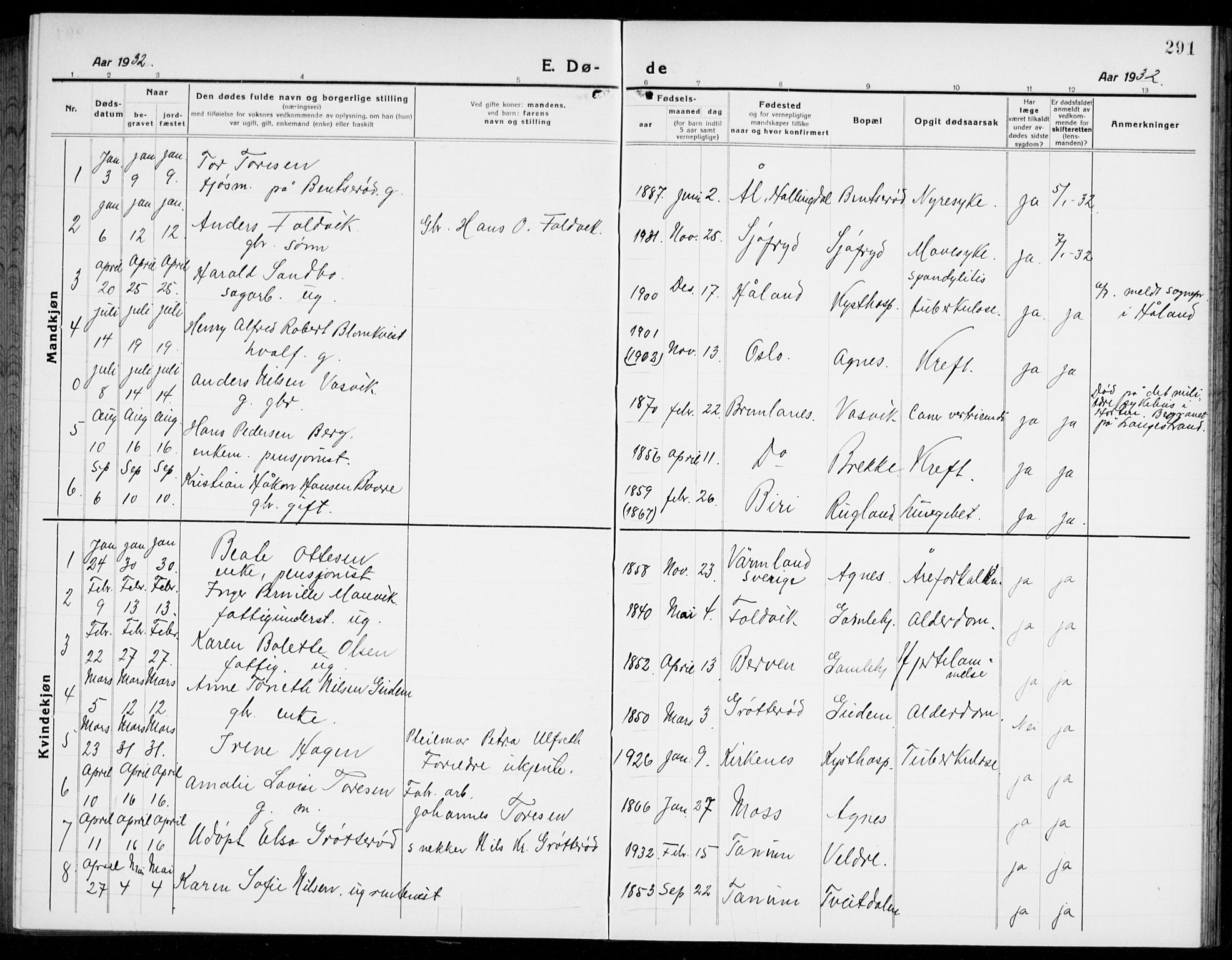Brunlanes kirkebøker, SAKO/A-342/G/Ga/L0005: Parish register (copy) no. I 5, 1918-1941, p. 291