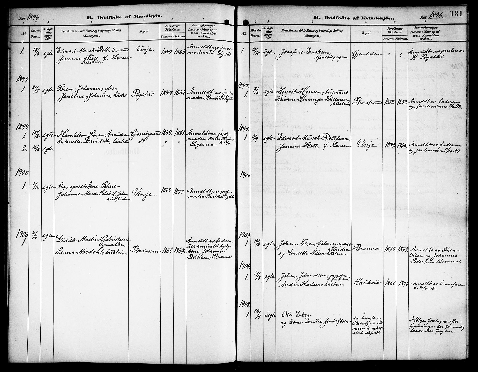 Ministerialprotokoller, klokkerbøker og fødselsregistre - Nordland, AV/SAT-A-1459/876/L1105: Parish register (copy) no. 876C04, 1896-1914, p. 131