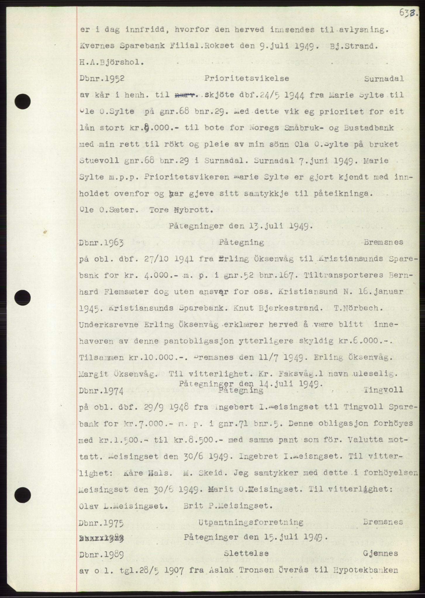 Nordmøre sorenskriveri, SAT/A-4132/1/2/2Ca: Mortgage book no. C82b, 1946-1951, Diary no: : 1952/1949
