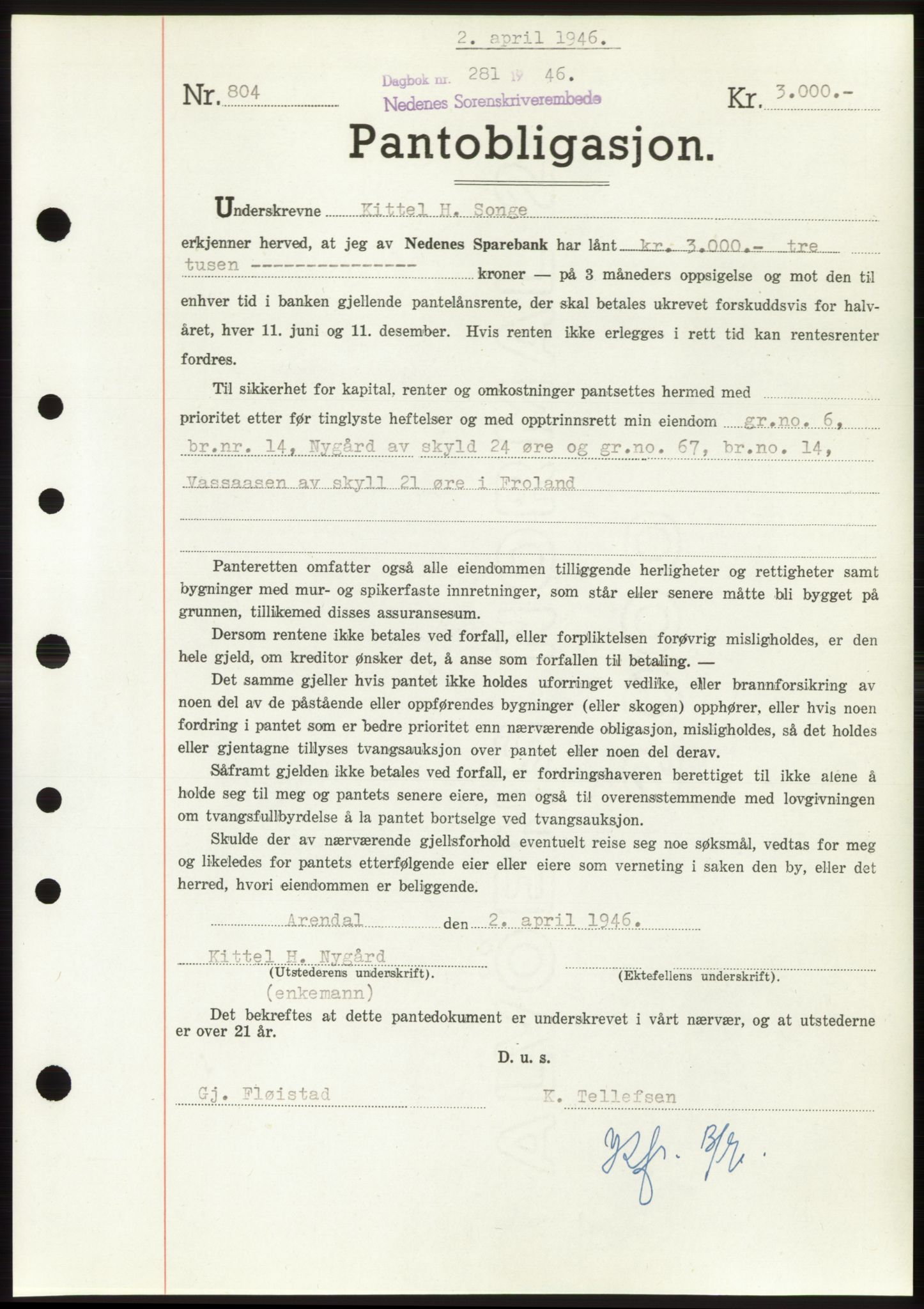 Nedenes sorenskriveri, SAK/1221-0006/G/Gb/Gbb/L0003: Mortgage book no. B3b, 1946-1946, Diary no: : 281/1946