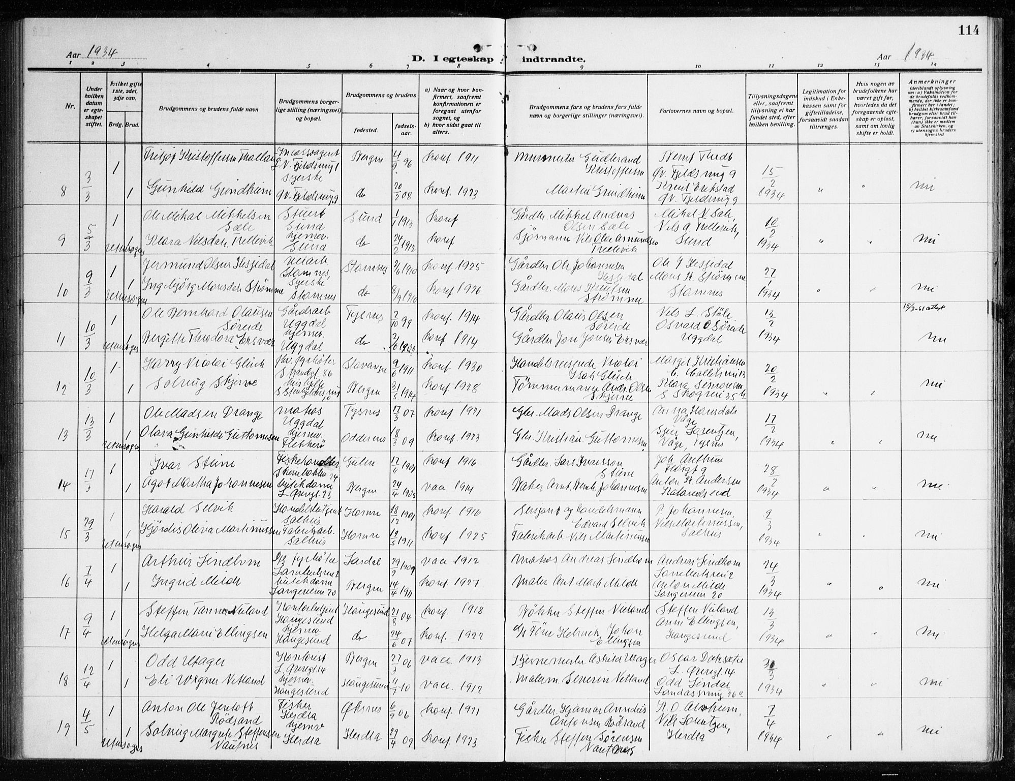 Korskirken sokneprestembete, AV/SAB-A-76101/H/Haa/L0039: Parish register (official) no. D 6, 1919-1938, p. 114