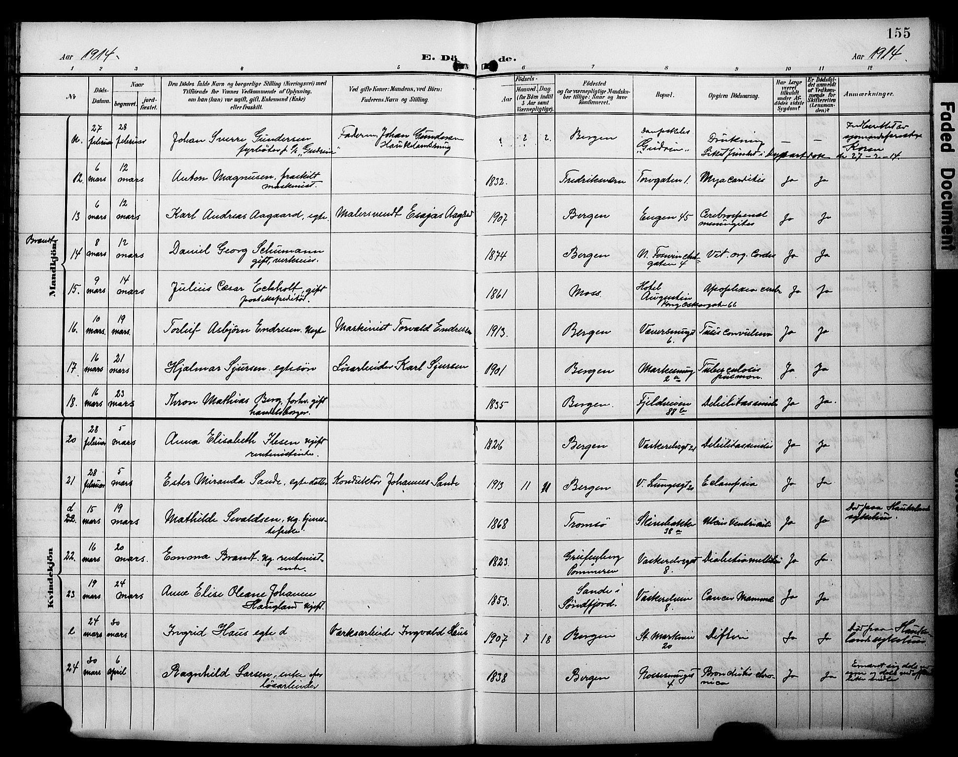 Domkirken sokneprestembete, SAB/A-74801/H/Hab/L0042: Parish register (copy) no. E 6, 1900-1929, p. 155