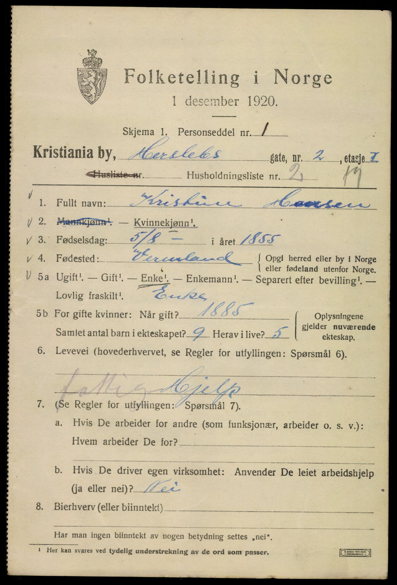 SAO, 1920 census for Kristiania, 1920, p. 289119