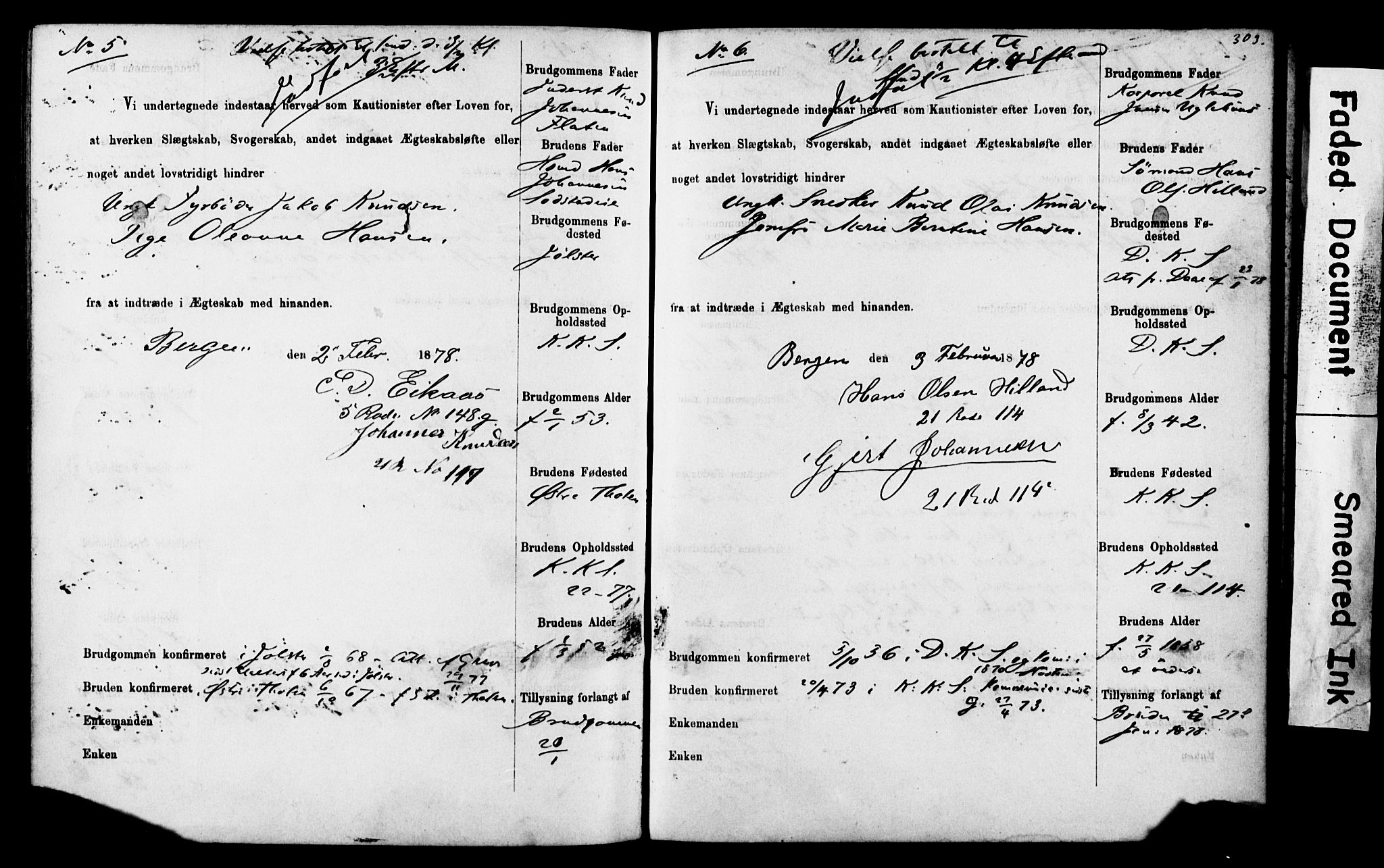 Korskirken sokneprestembete, AV/SAB-A-76101: Best man's statements no. II.5.4, 1871-1878, p. 303