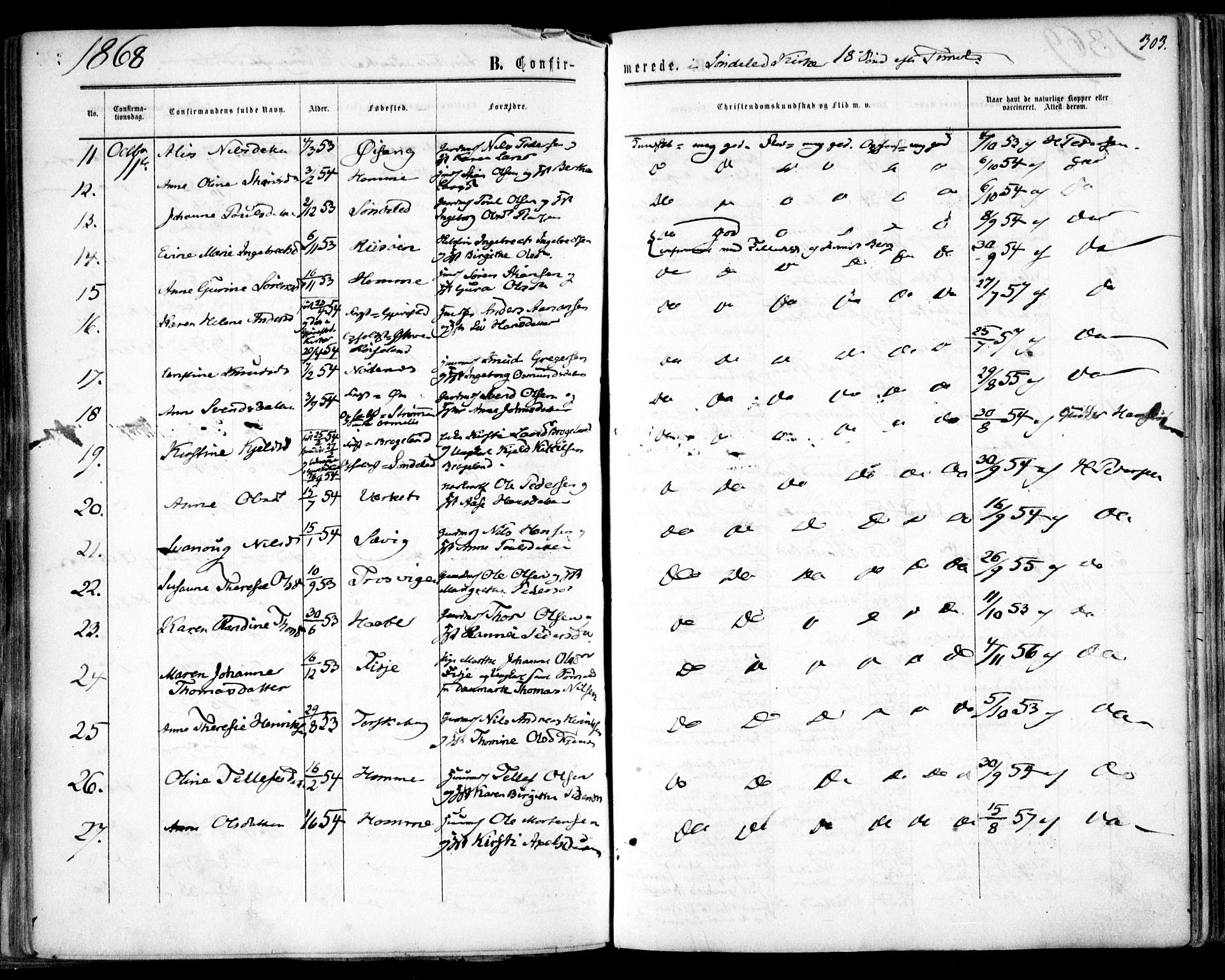 Søndeled sokneprestkontor, AV/SAK-1111-0038/F/Fa/L0003: Parish register (official) no. A 3, 1861-1879, p. 303