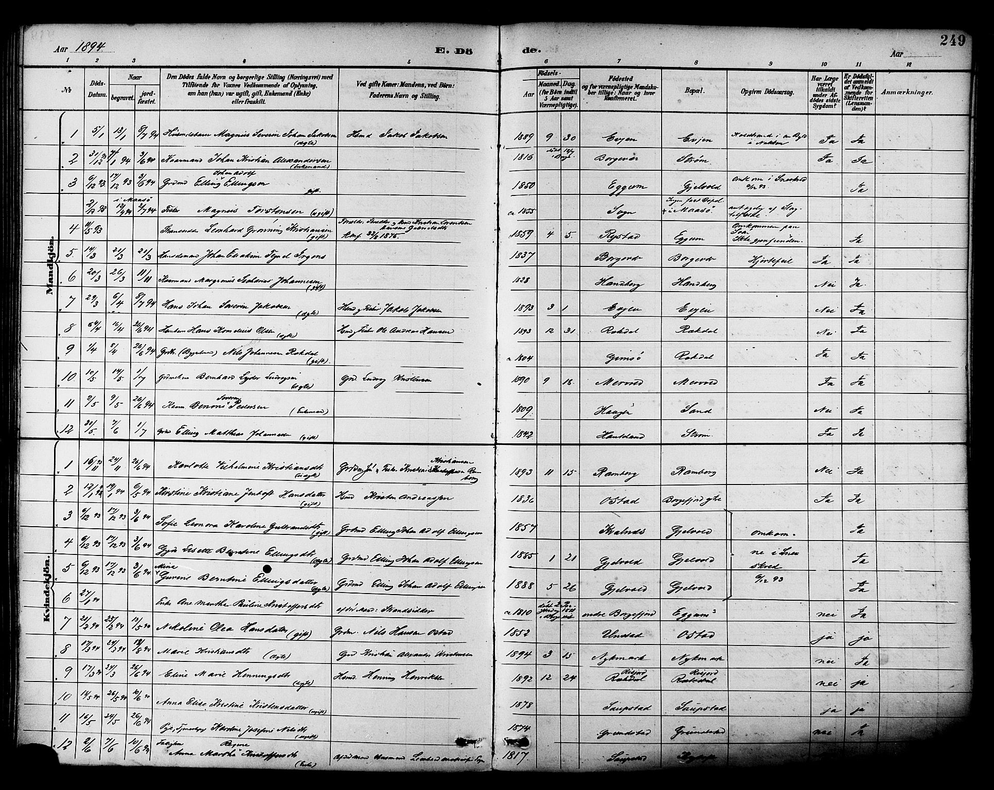 Ministerialprotokoller, klokkerbøker og fødselsregistre - Nordland, AV/SAT-A-1459/880/L1133: Parish register (official) no. 880A07, 1888-1898, p. 249